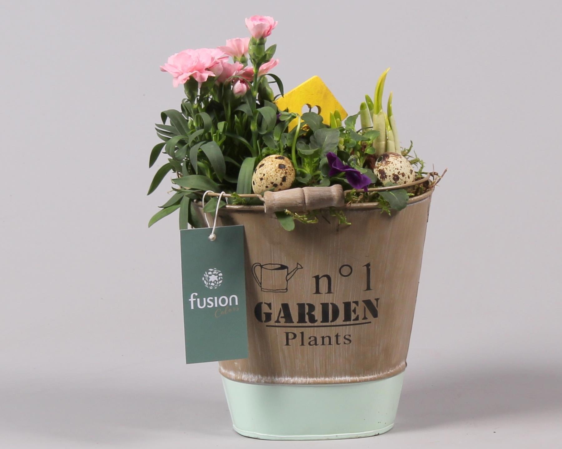 Zink emmer ovaal groen Pasen met Arrangement, D 17