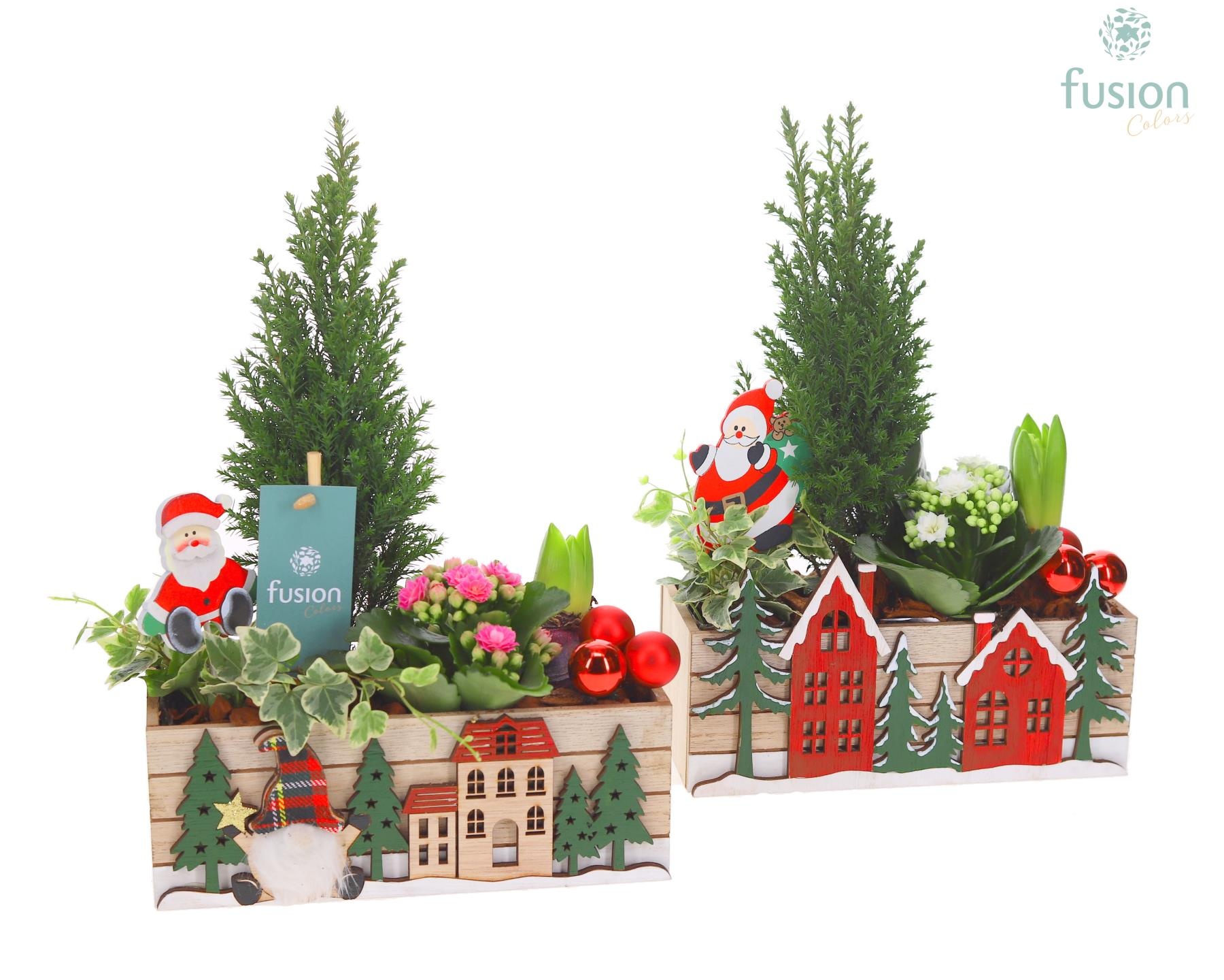 Kerst planter hout met arrangement, D 22