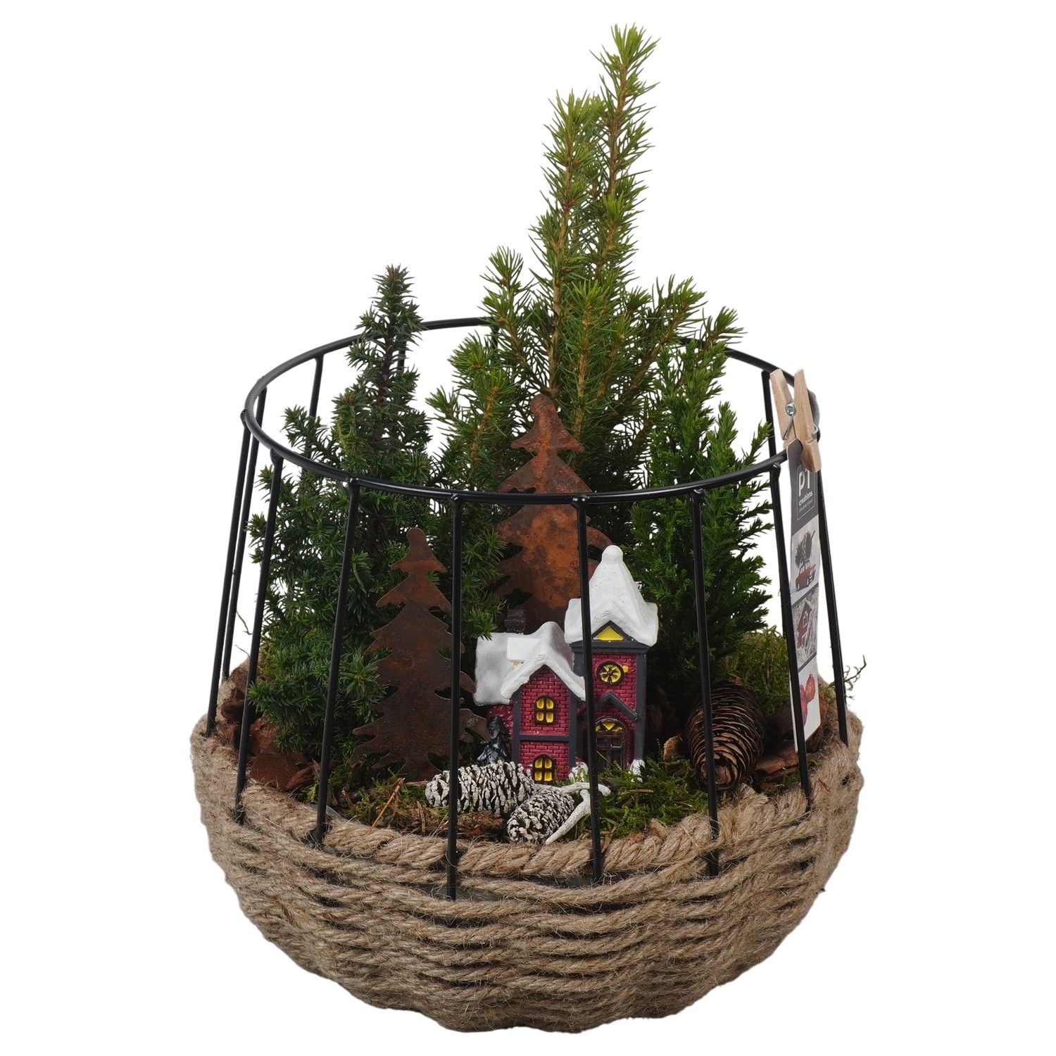 PTCWW6894 Arrangement Winter in touw mand met metaal, D 24 cm