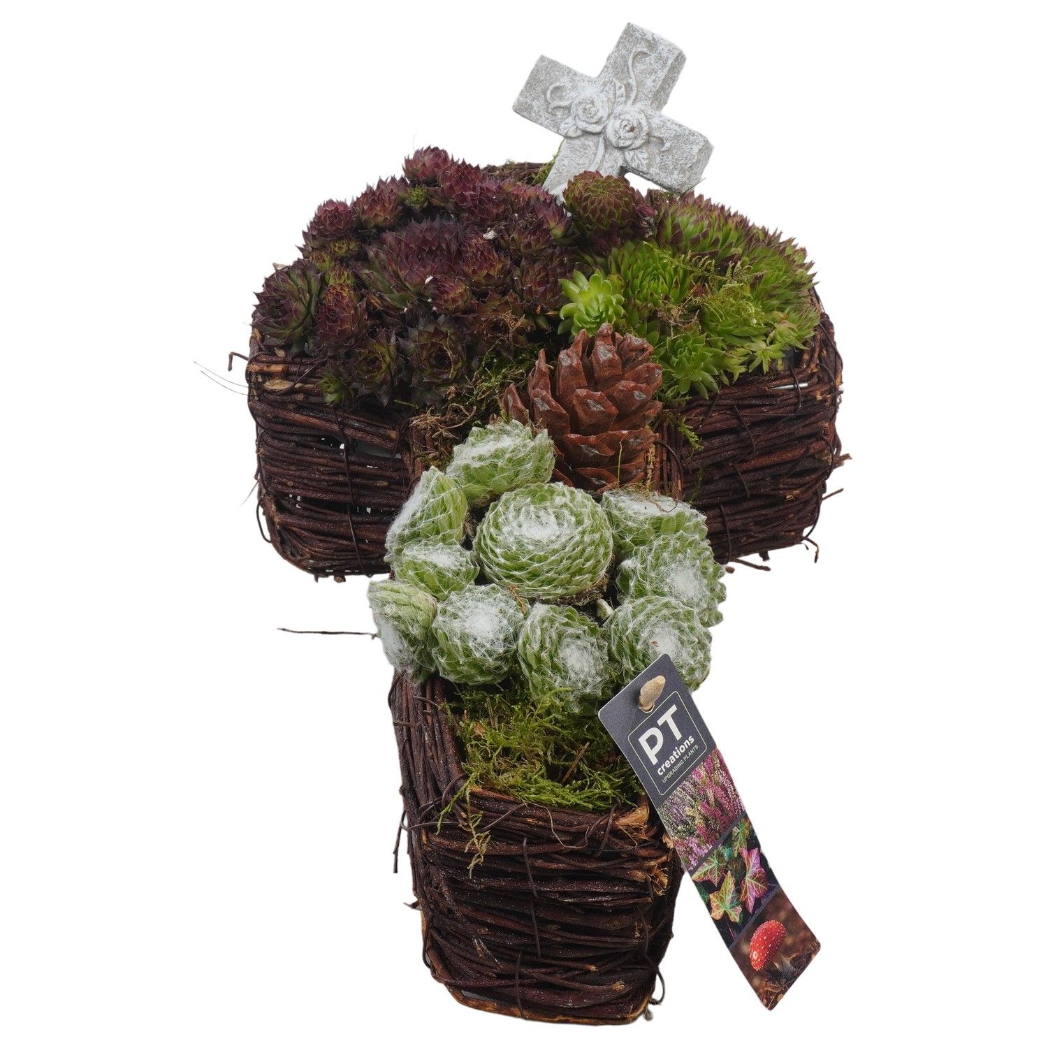 PTAH8642 Arrangement Allerheiligen in rieten kruis, D 34 cm PTAH8642 Arrangement Allerheiligen in rieten kruis, D 34 cm