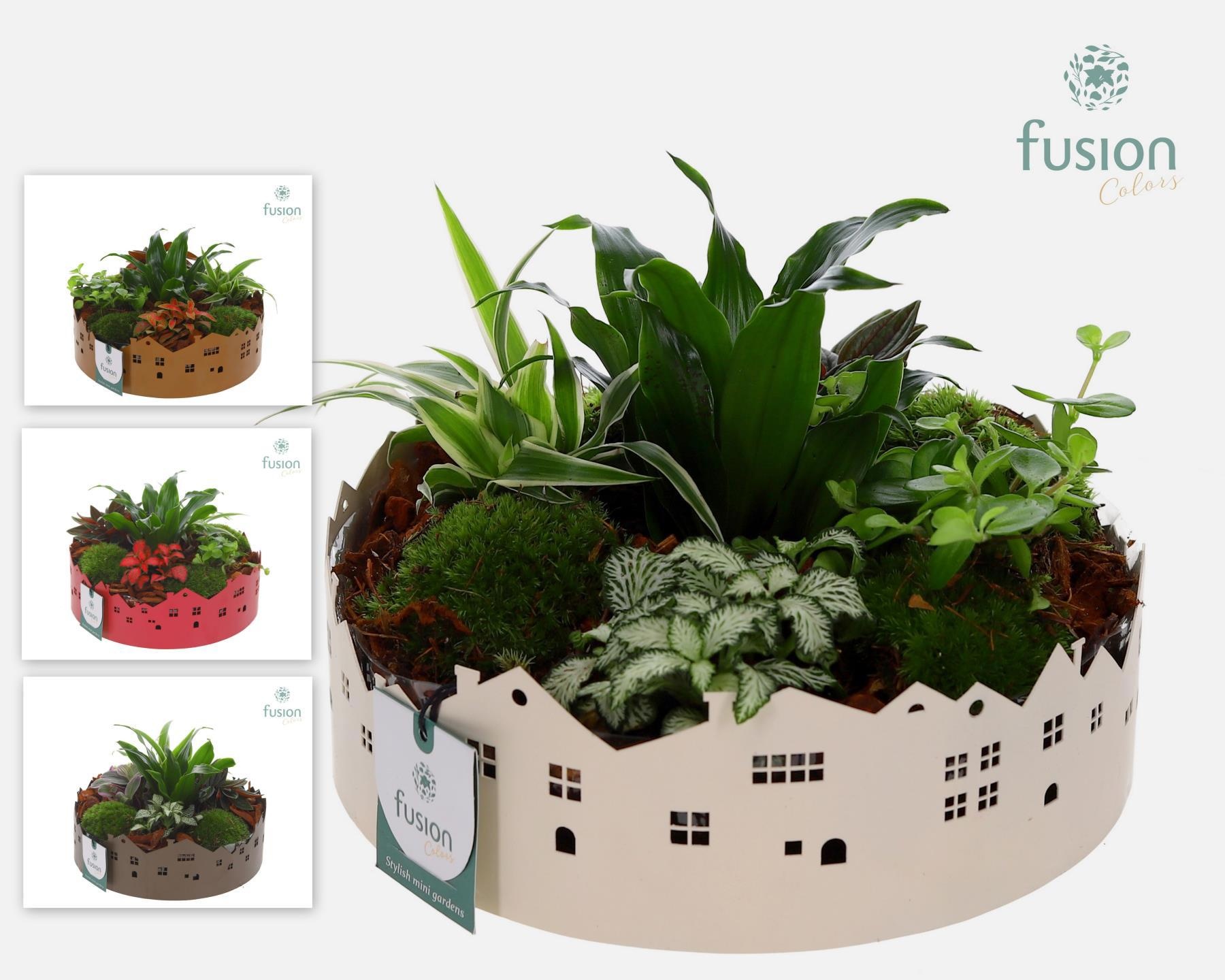 Zinken schaal Huisjes Large met arrangement, D 23 cm