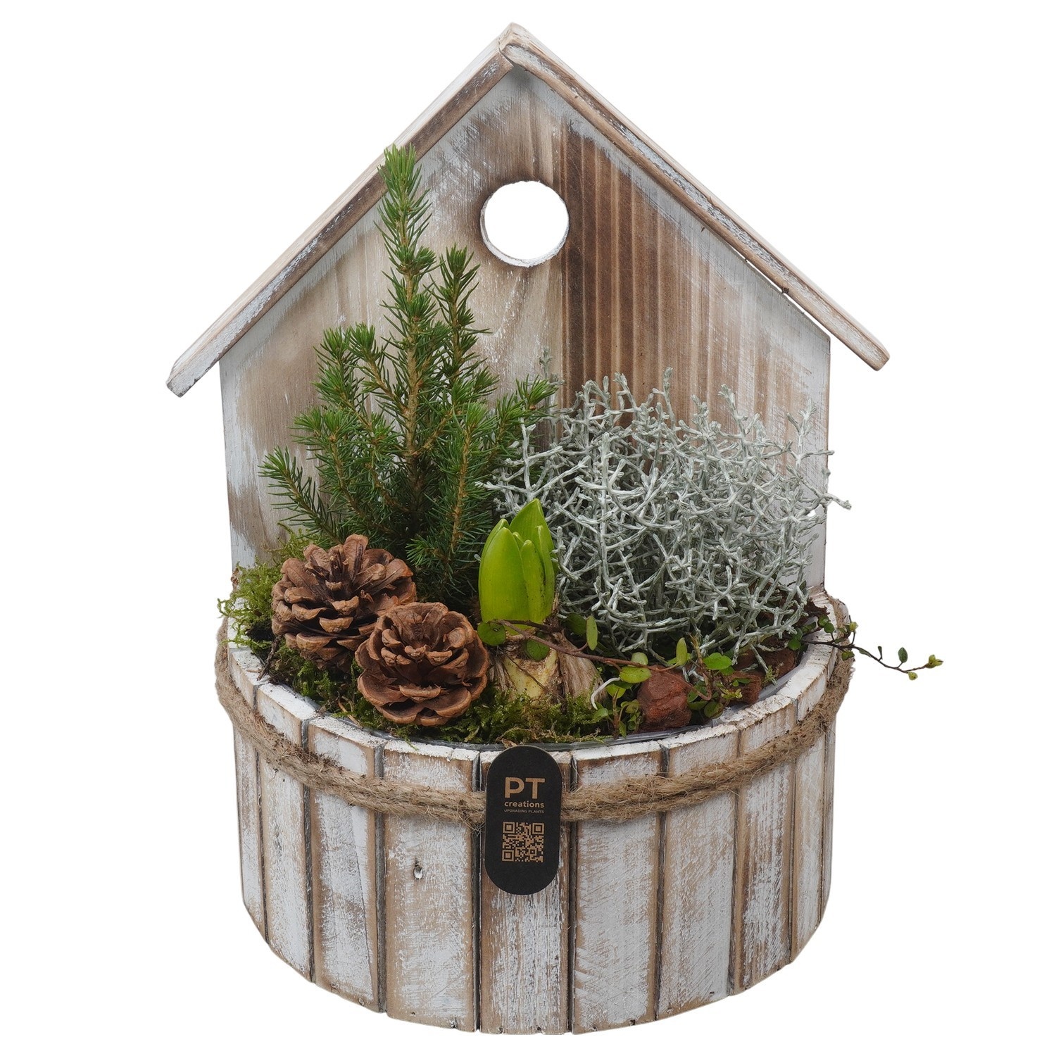 PTWO2824 Arrangement Winter Outdoor in houten vogelhuisje, D 22