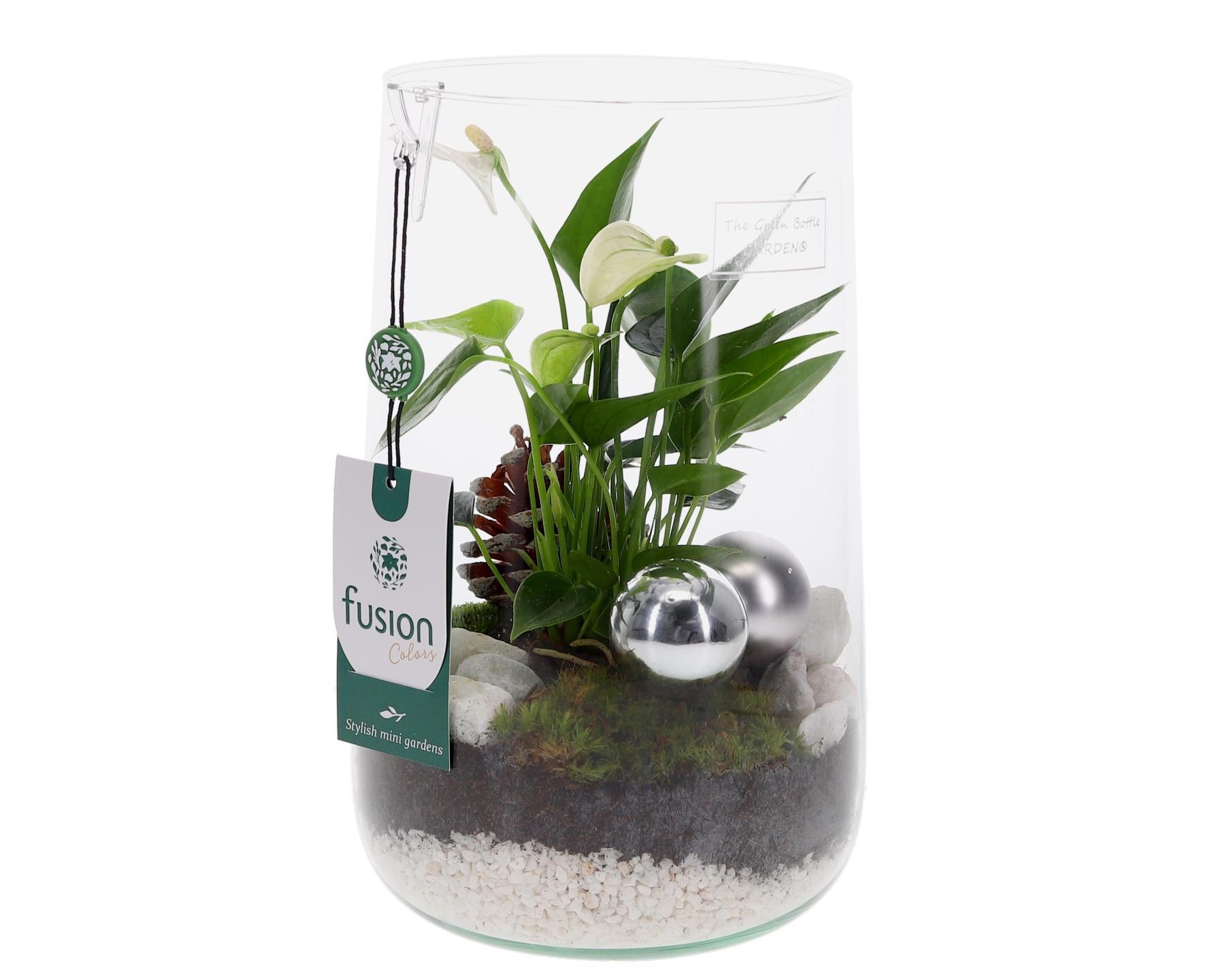 Green Bottle Deline Large met Kerst arrangement, D 15 cm Green Bottle Deline Large met Kerst arrangement, D 15 cm