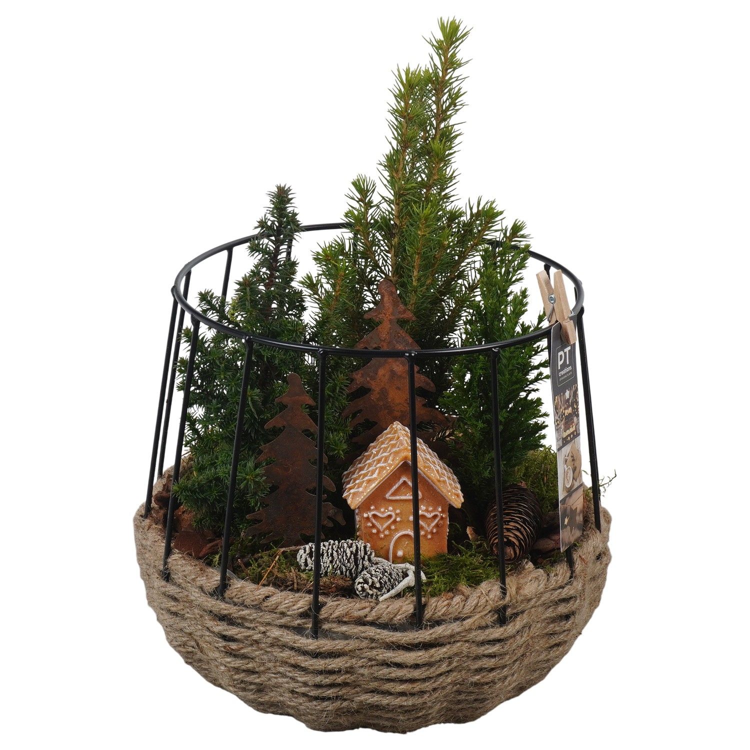 PTCWW6895 Arrangement Winter in touw mand met metaal, D 24 cm