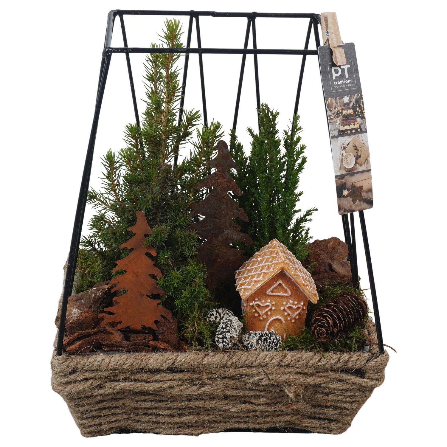 PTCWW6897 Arrangement Winter in touw mand met metaal, D 22 cm