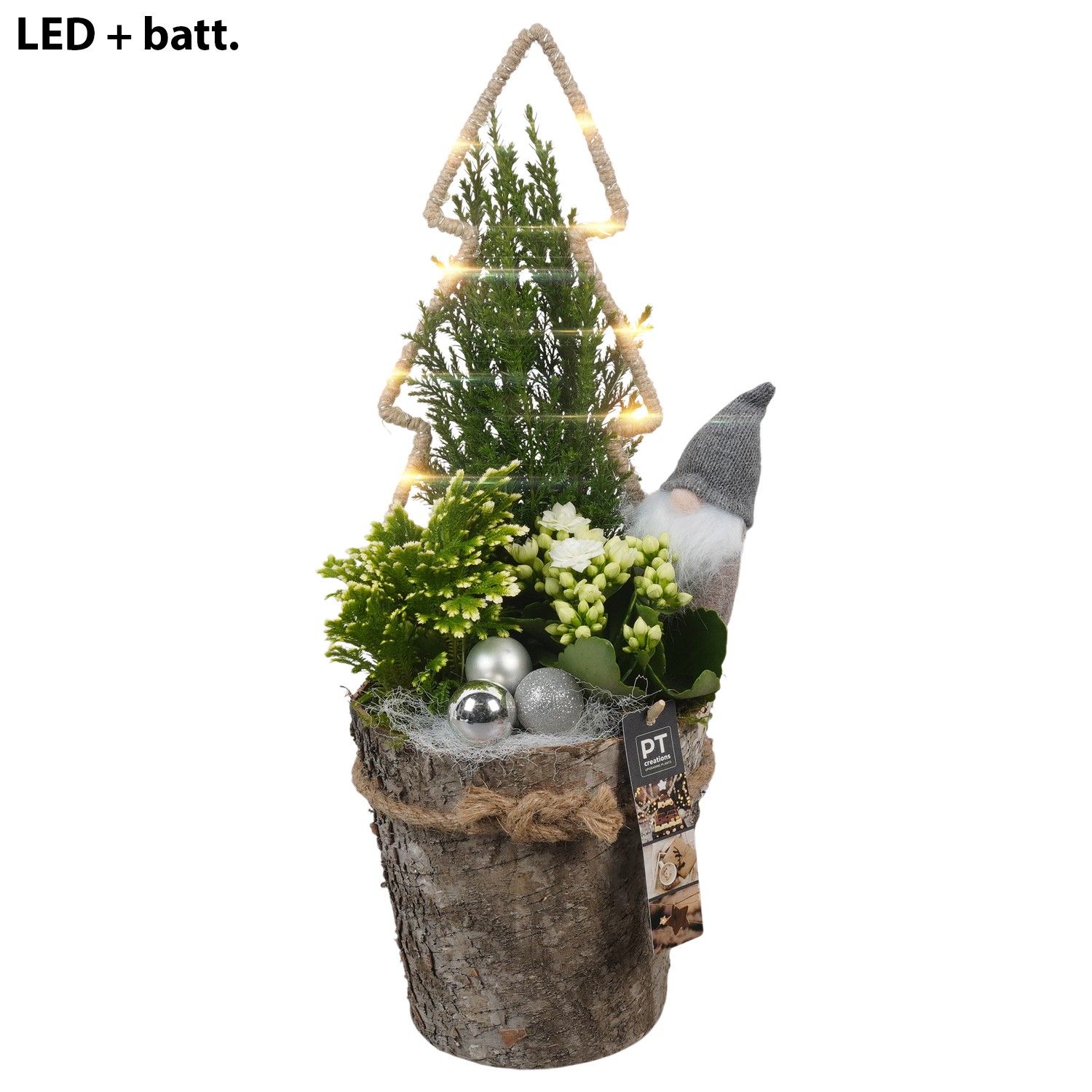 PTCHW4327 Arrangement Christmas White in houten pot, D 17 cm