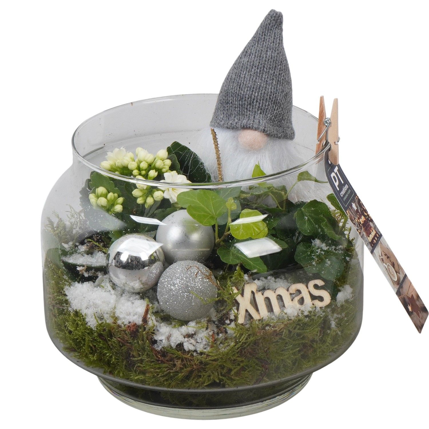 PTCHW4385 Arrangement Christmas White in glazen pot, D 16 cm