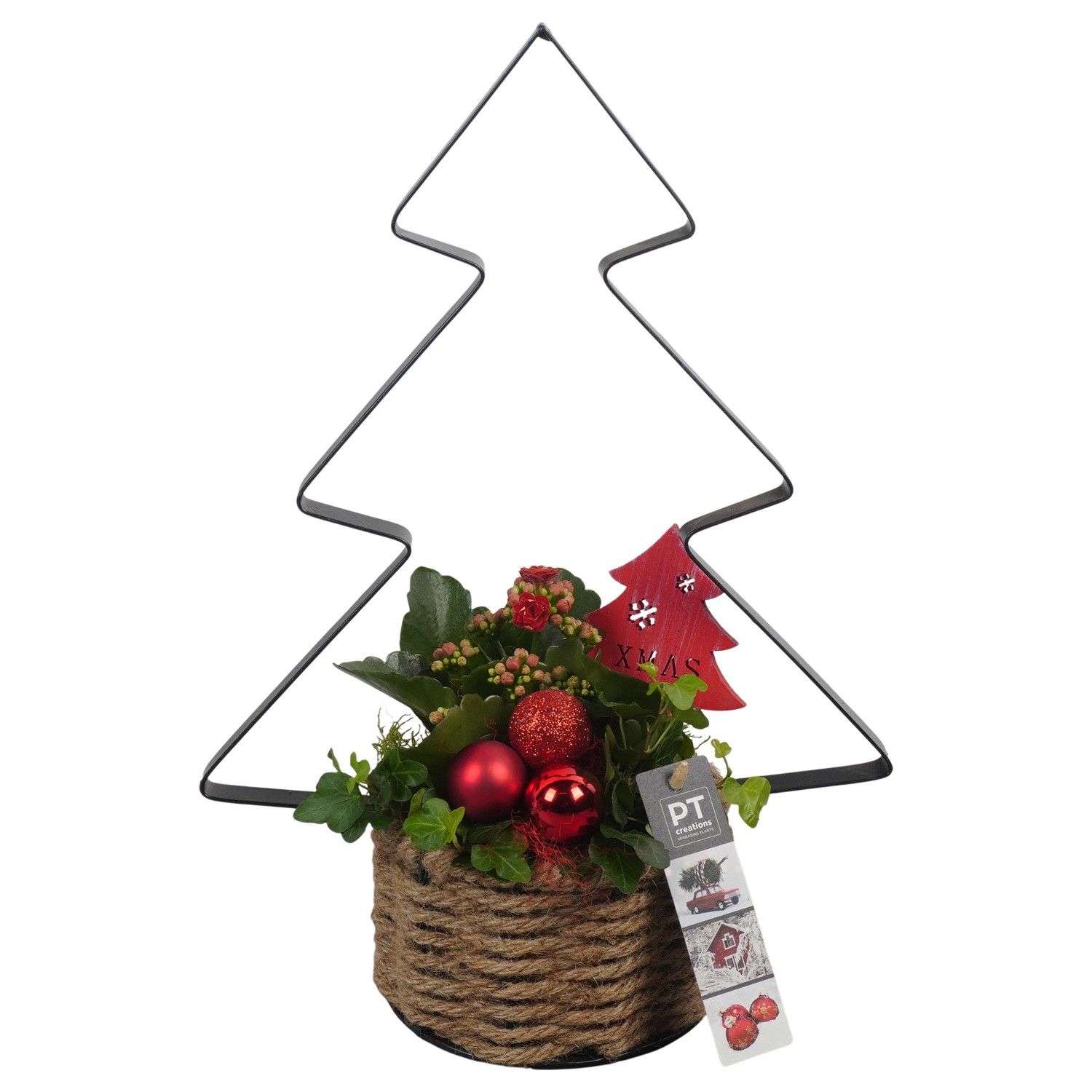 PTCHR7367 Arrangement Christmas Red in touw mand met metaal, D 14 cm