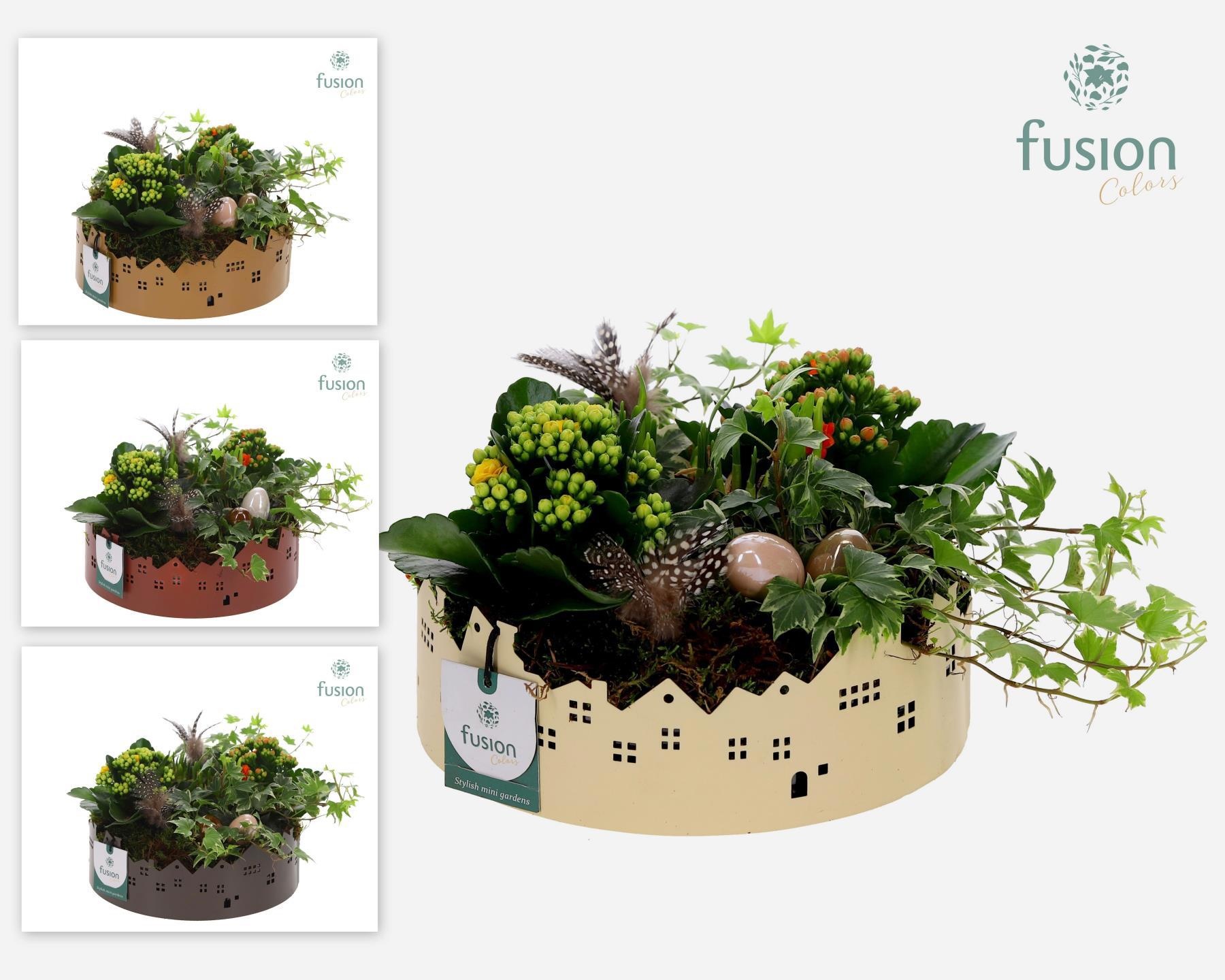 Zinken schaal Huisjes Large met Pasen arrangement, D 22 cm