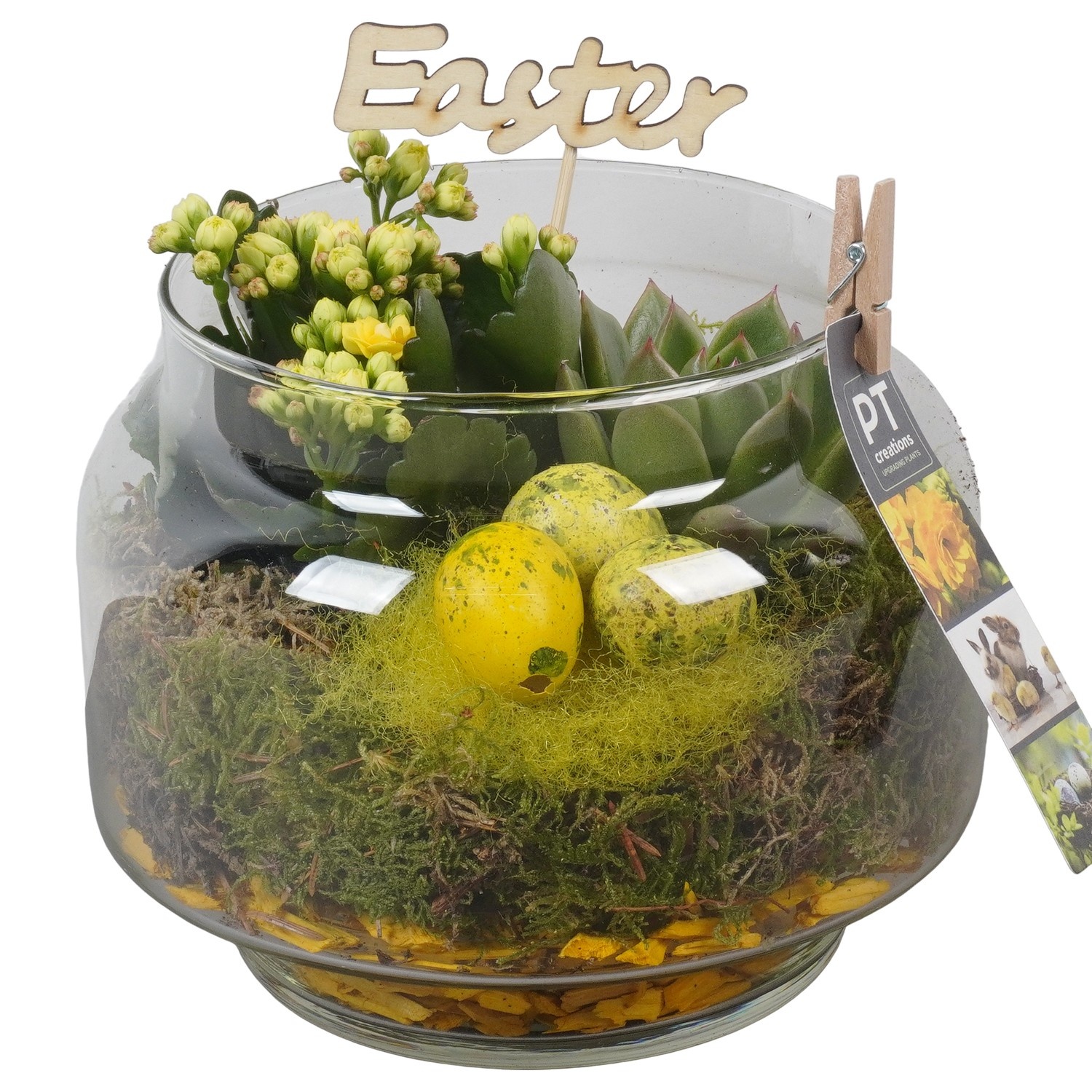 PTPG9366 Arrangement Easter in glas vaas, D 18