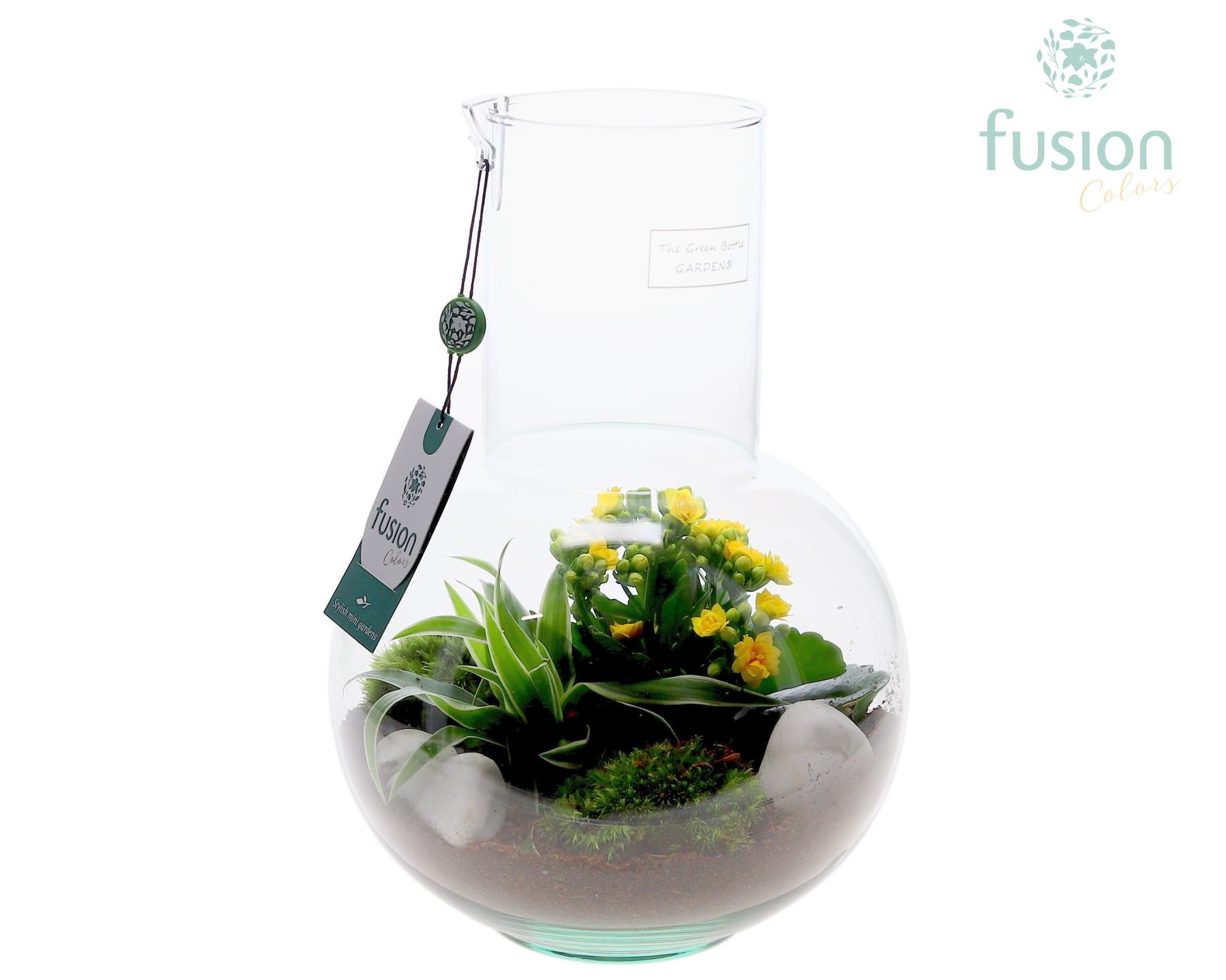 Green Bottle Suzanne Medium met arrangement, D 21 cm Green Bottle Suzanne Medium met arrangement, D 21 cm
