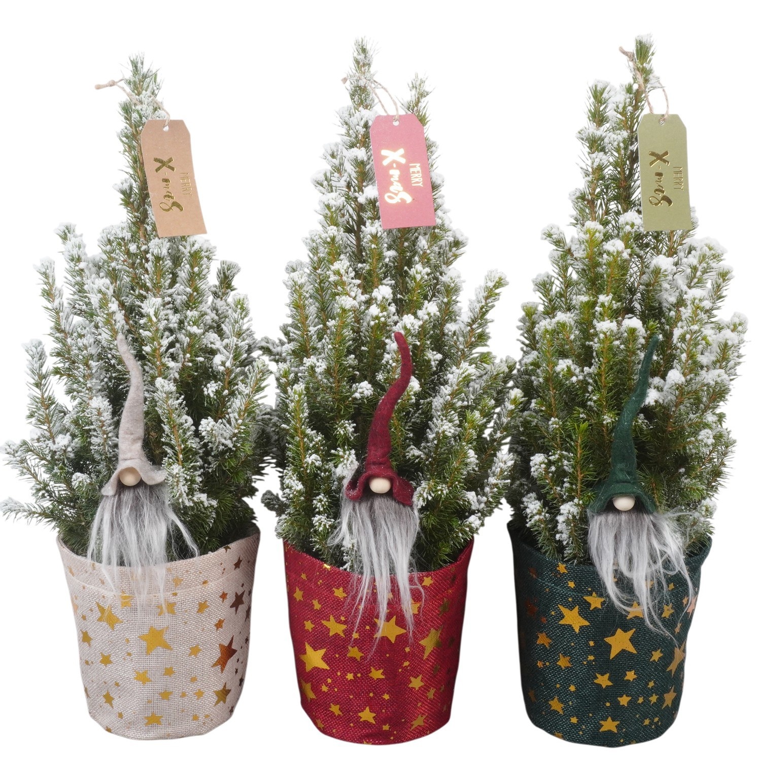 PTK26335 Conica Perfecta met sneeuw in jute potcover mix met decoratie, D 13