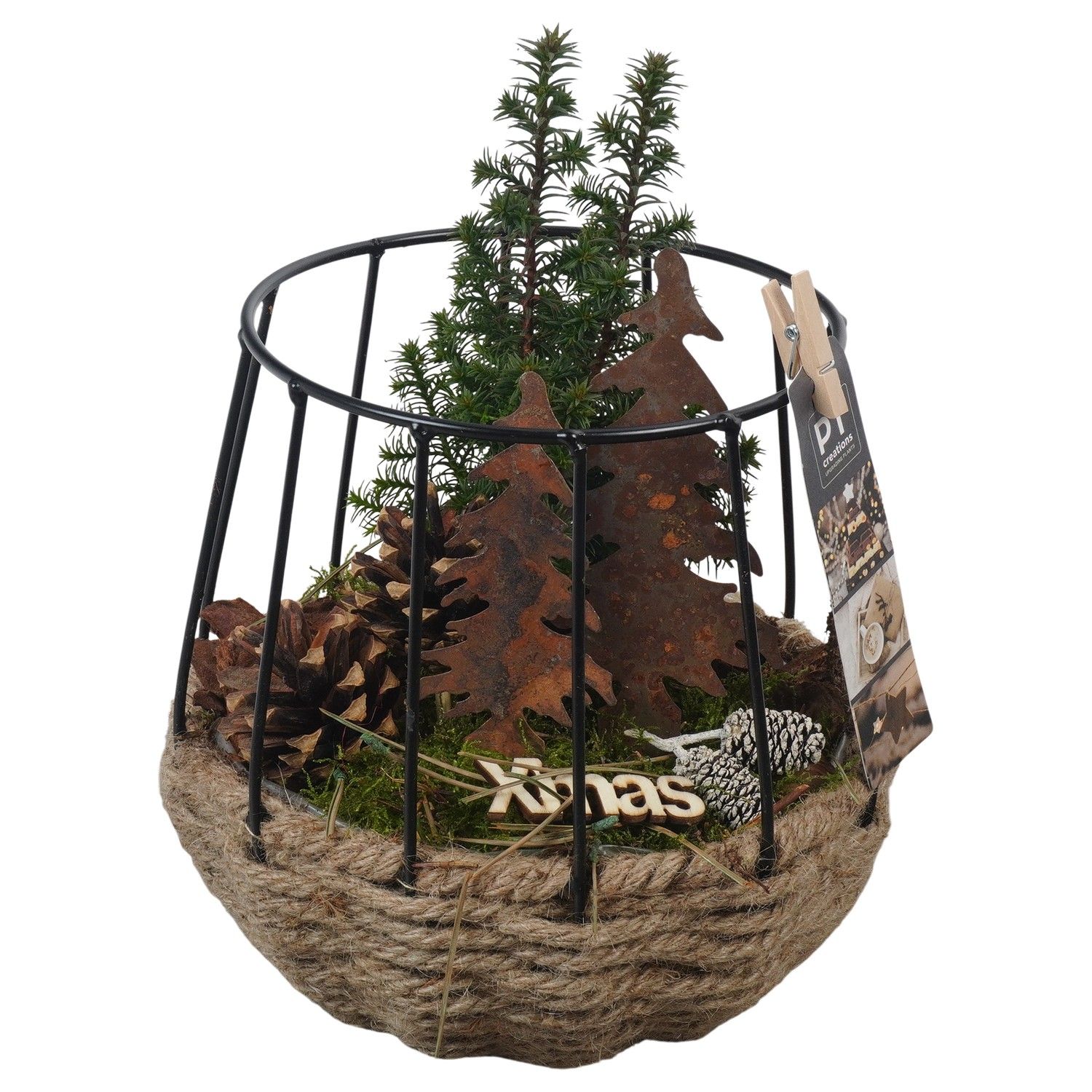 PTCWW6893 Arrangement Winter in touw mand met metaal, D 15 cm