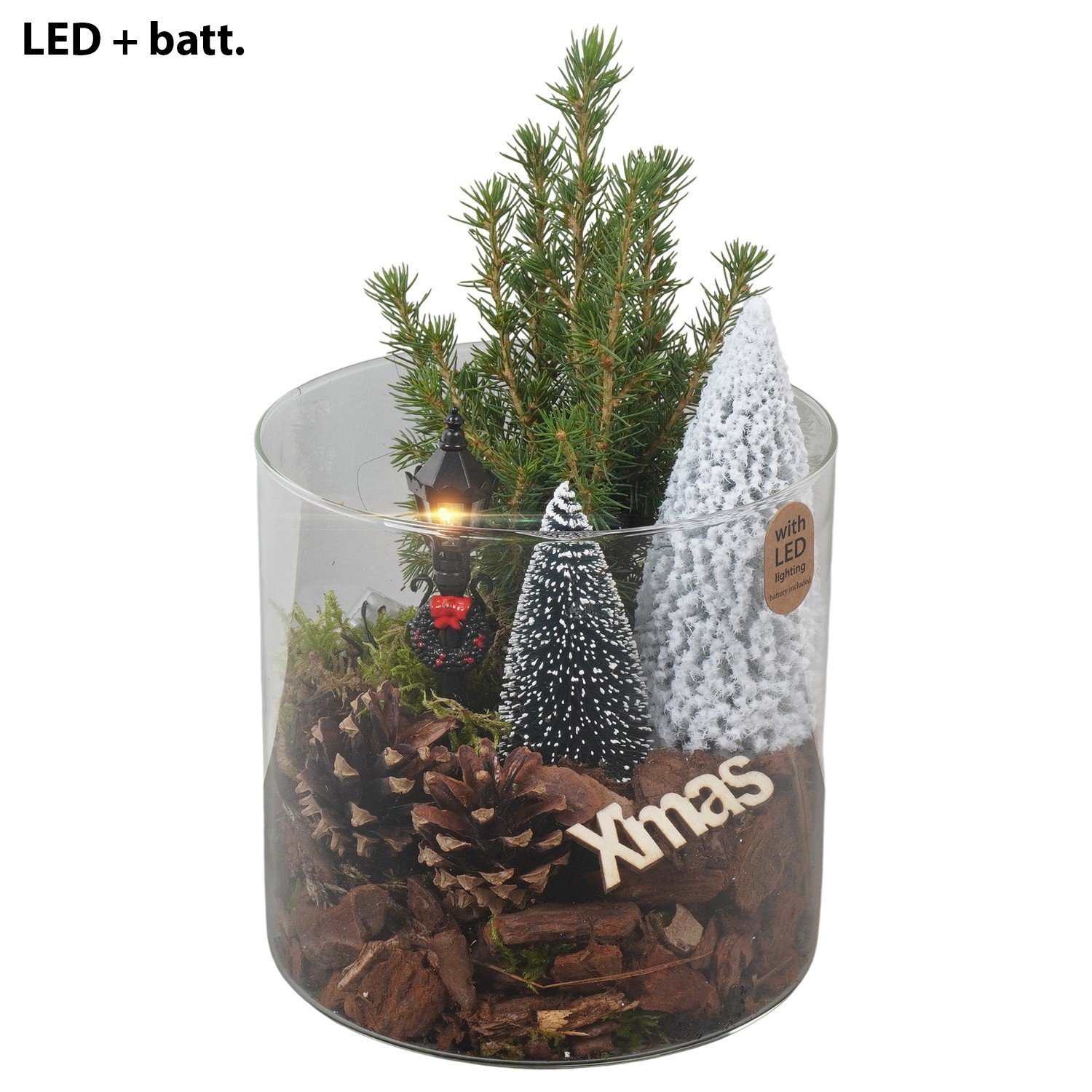 PTCWW7713 Arrangement Winter in glas cylinder met led, D 15