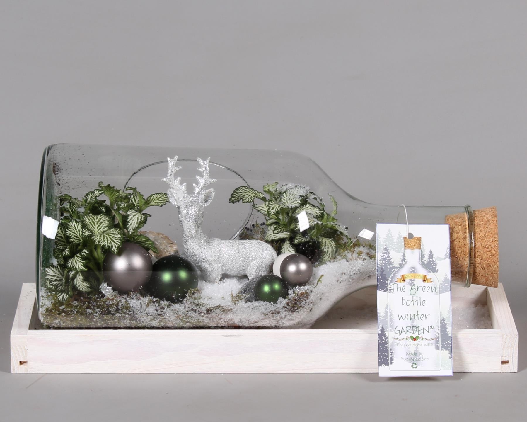 Green Bottle Fles Small liggend Kerst met Arrangement, D 38 cm Green Bottle Fles Small liggend Kerst met Arrangement, D 38 cm