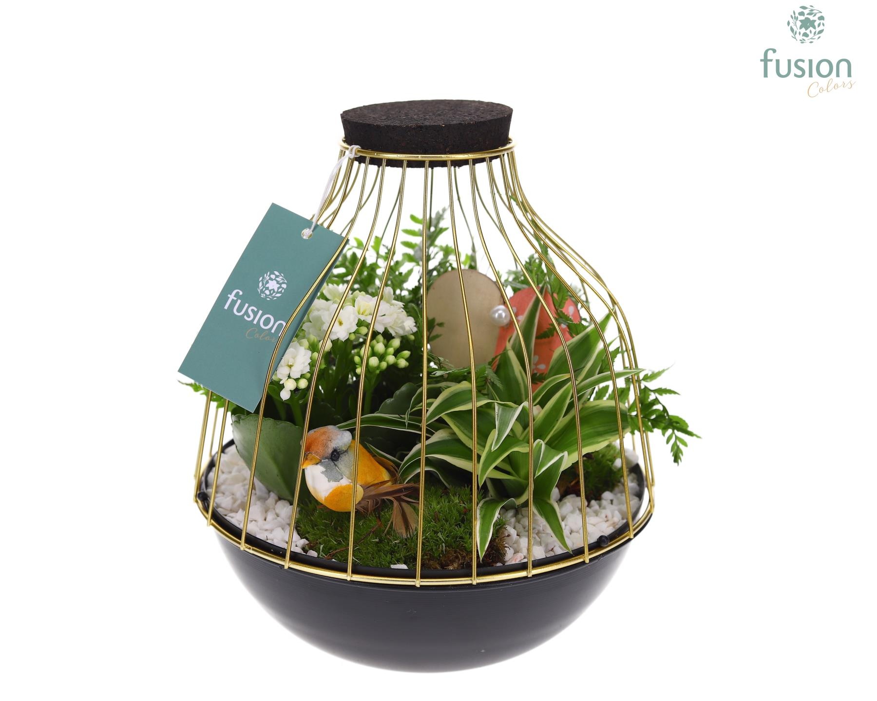 Vogelkooi metaal goudzwart Large Love met arrangement, D 21