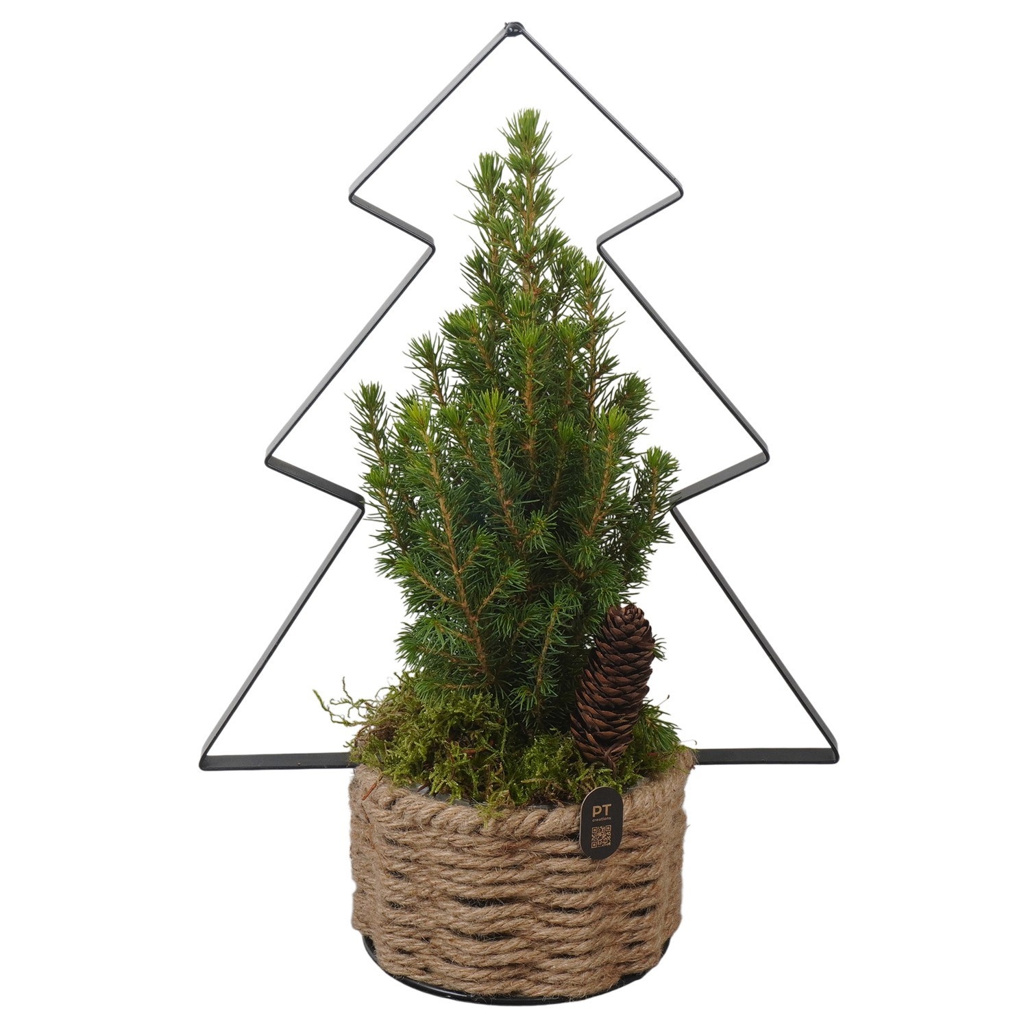 PTCWW7813 Arrangement Winter in touwmand met metaal in kerstboom vorm, D 14
