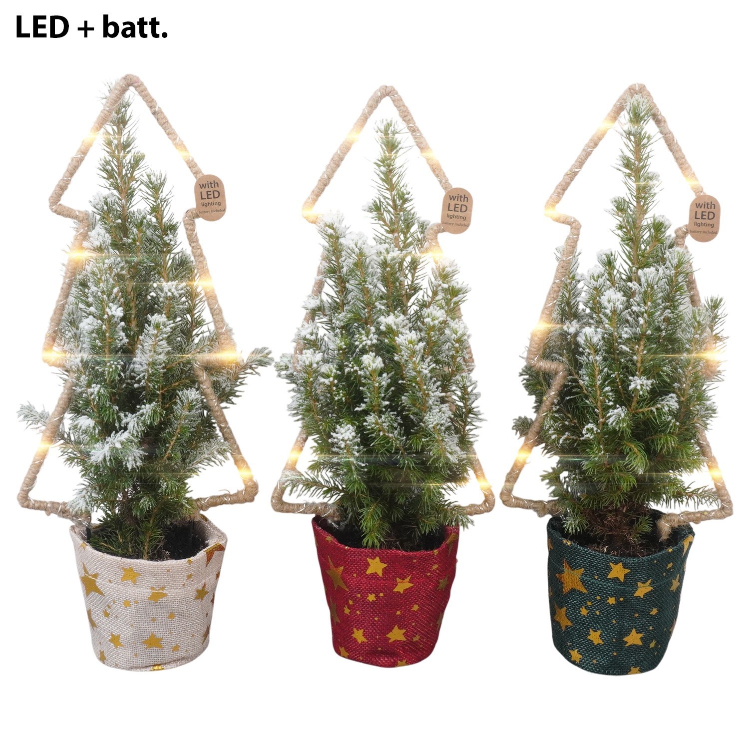 PTK26127 Conica Perfecta met sneeuw in jute potcover mix met LED kerstboom, D 9