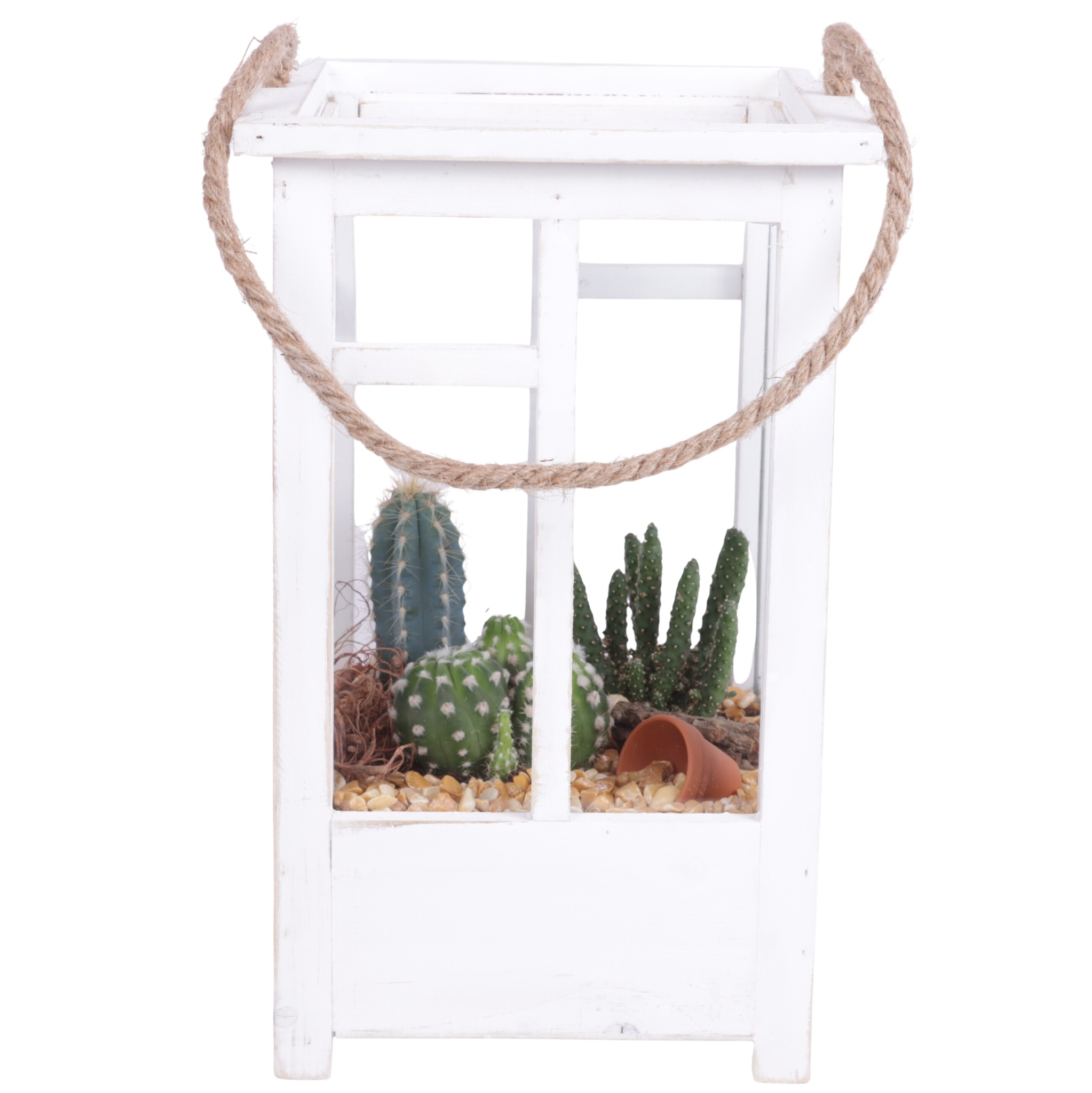 Yearround Arr. Cactus Wooden Lantern pot White mix/3 Ø19cm 2P, D 19