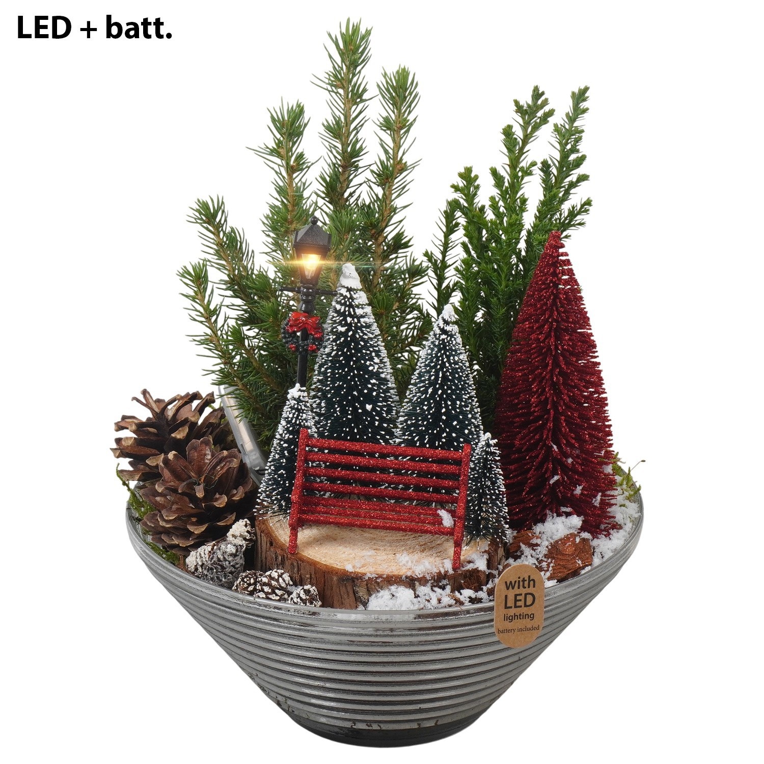 PTCWW7750 Arrangement Winter in glas schaal met led, D 19