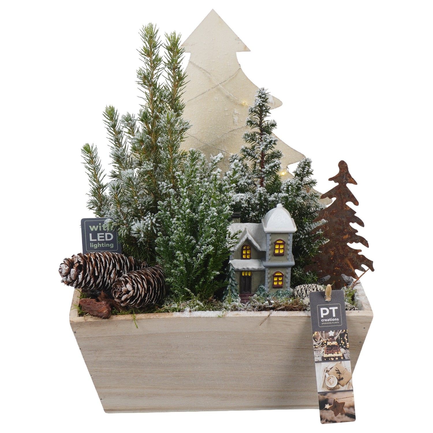 PTCWW6872 Arrangement Winter in houten bak, D 23 cm