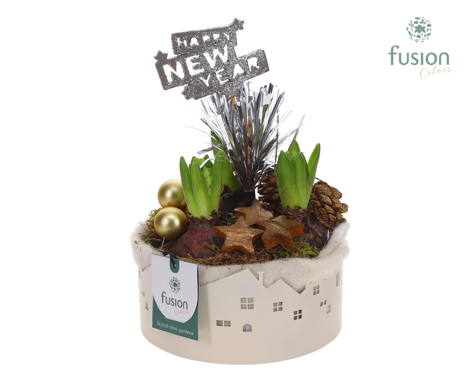 Zinken schaal Huisjes Small met Hyacinten Happy New Year, D 15