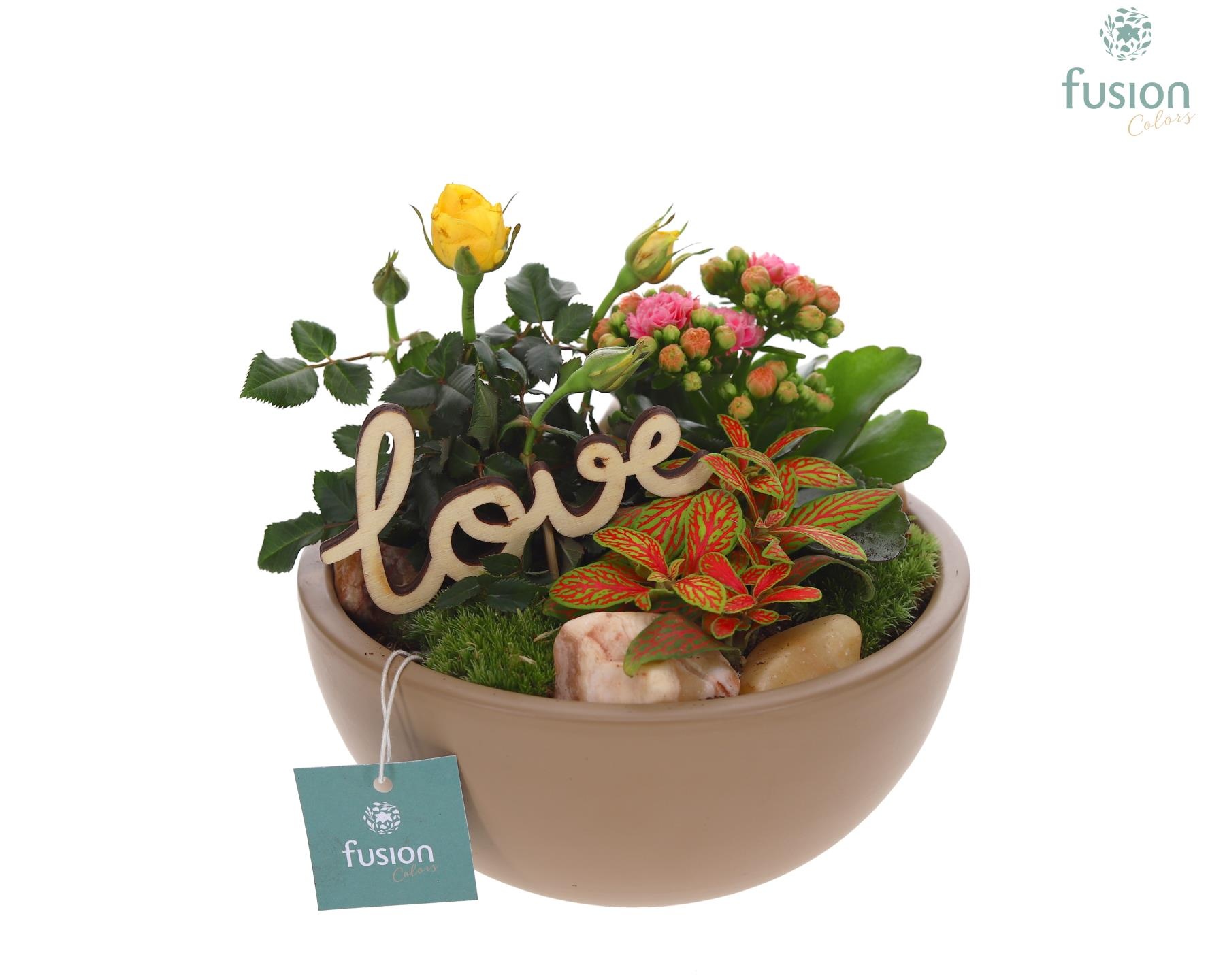 Schaal keramiek Moon Medium beige Love met arrangement, D 18