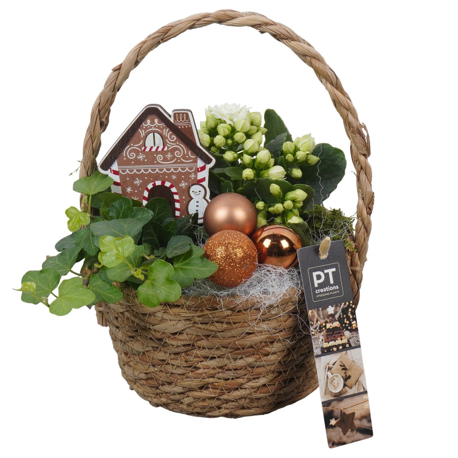 PTCHB9796 Arrangement Christmas Bronze in rieten mand, D 15 cm
