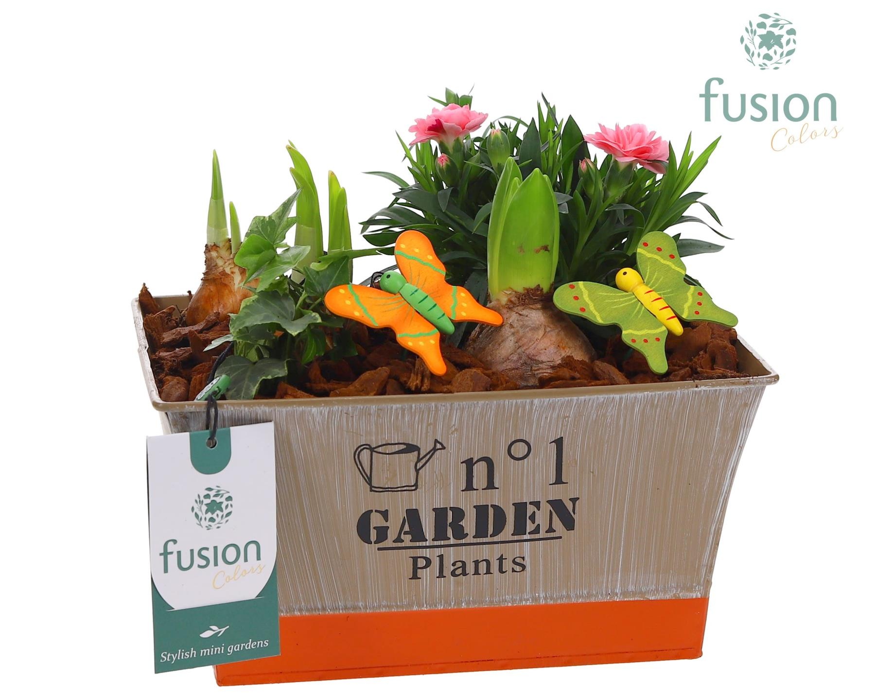 Zink schaal voorjaar div.kleuren met arrangement, D 22 cm