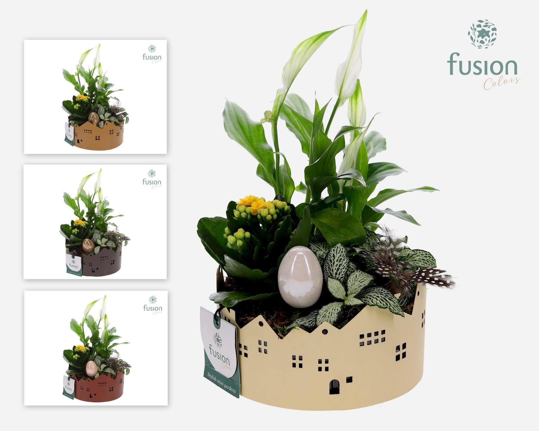 Zinken schaal Huisjes Small Pasen arrangement, D 15 cm