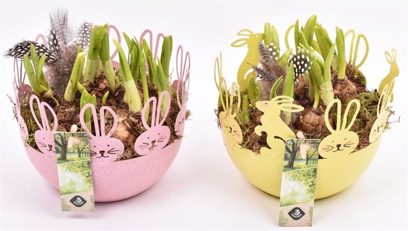 Zink schaal geel/roze paasdec. 16cm, D 16