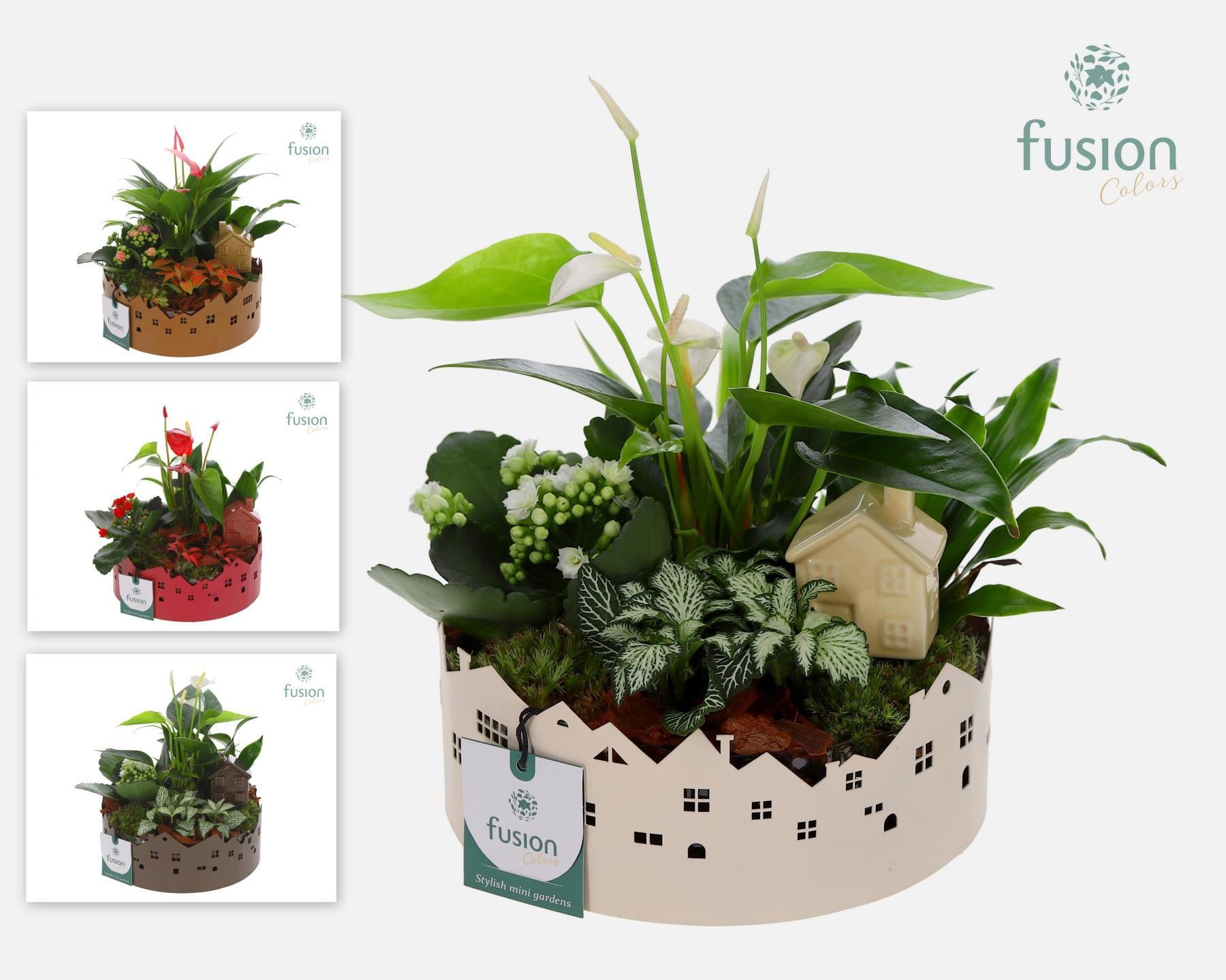 Zinken schaal Huisjes Medium met arrangement, D 19 cm