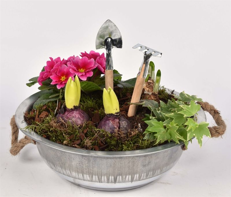 Zink schaal met touw 28cm, D 29 cm