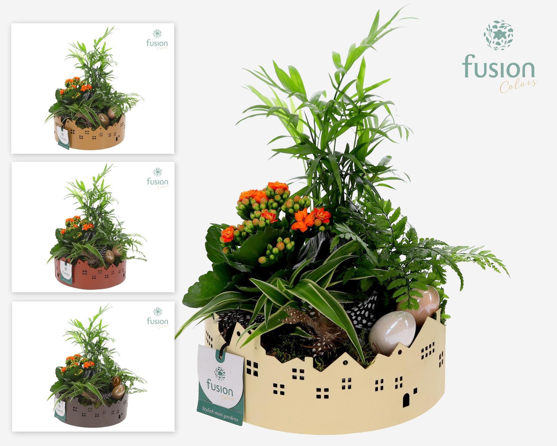 Zinken schaal Huisjes Medium met Pasen arrangement, D 19 cm