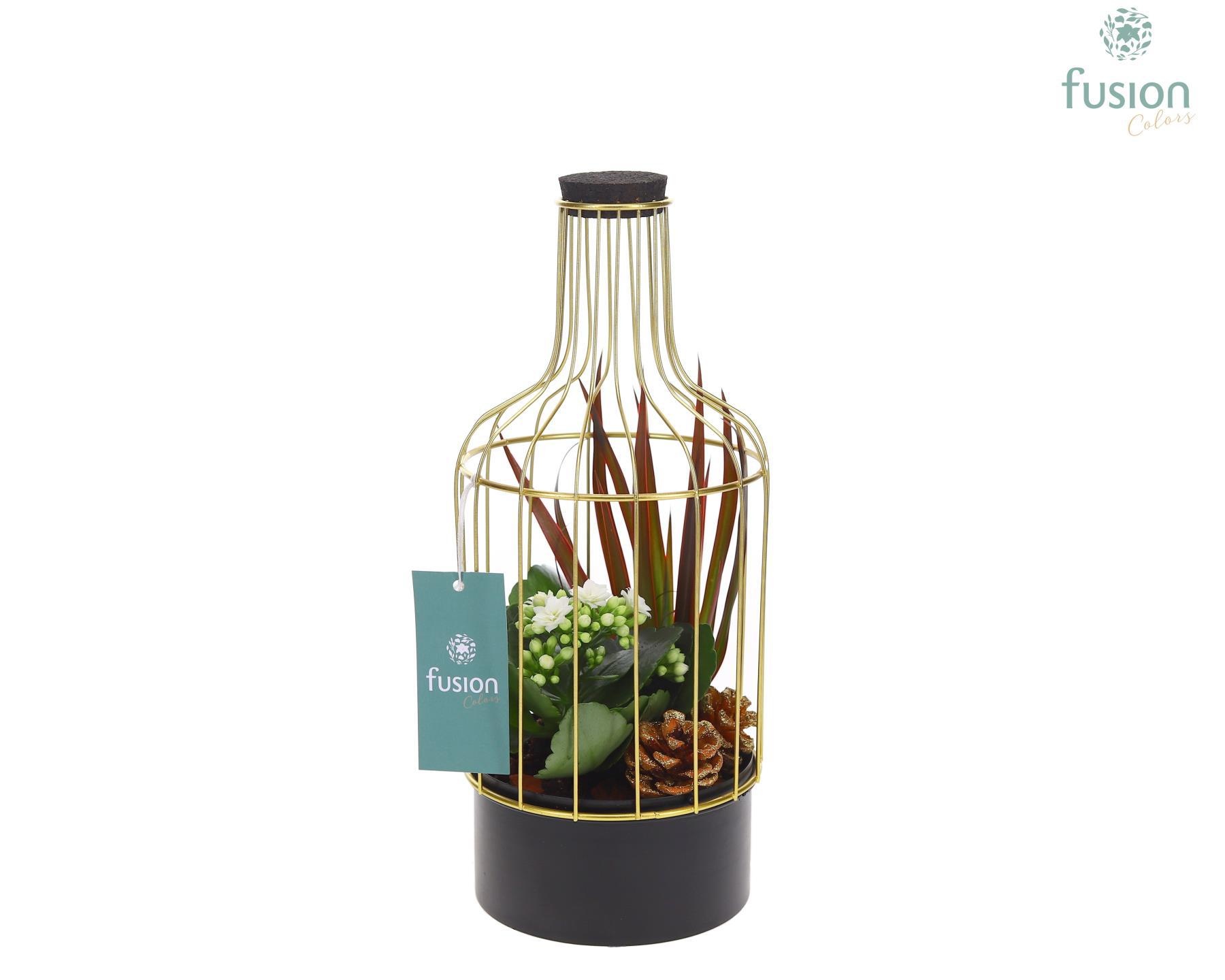 Metalen fles zwart klein met Kerst arrangement, D 13