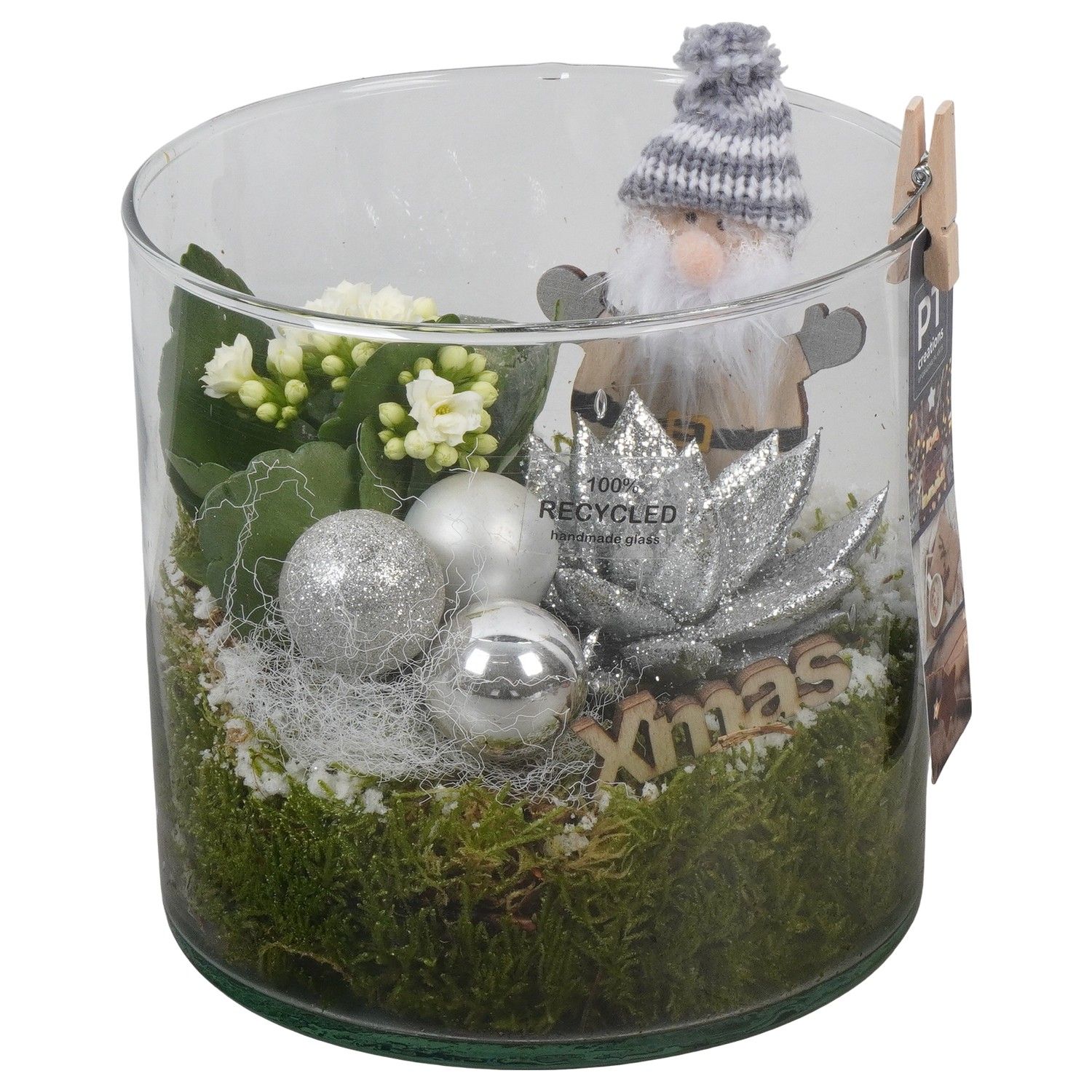 PTCHW4396 Arrangement Christmas White in glazen pot, D 15 cm