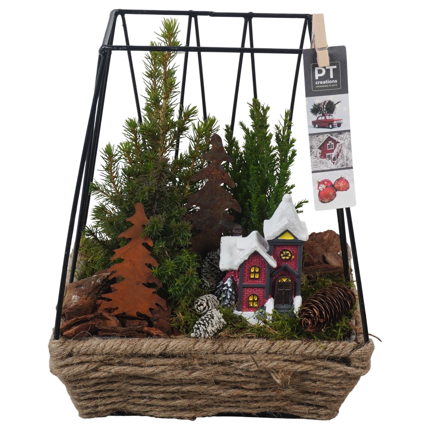 PTCWW6896 Arrangement Winter in touw mand met metaal, D 22 cm