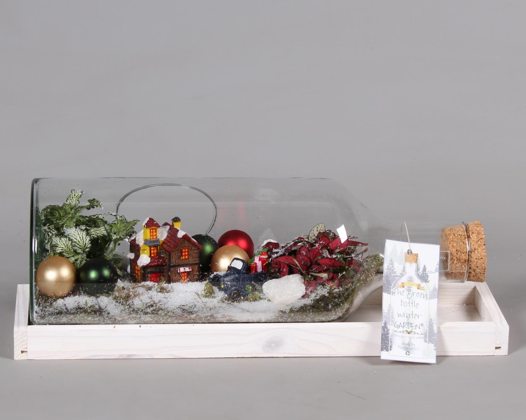 Green Bottle Fles Medium liggend Kerst met Arrangement, D 48 cm Green Bottle Fles Medium liggend Kerst met Arrangement, D 48 cm