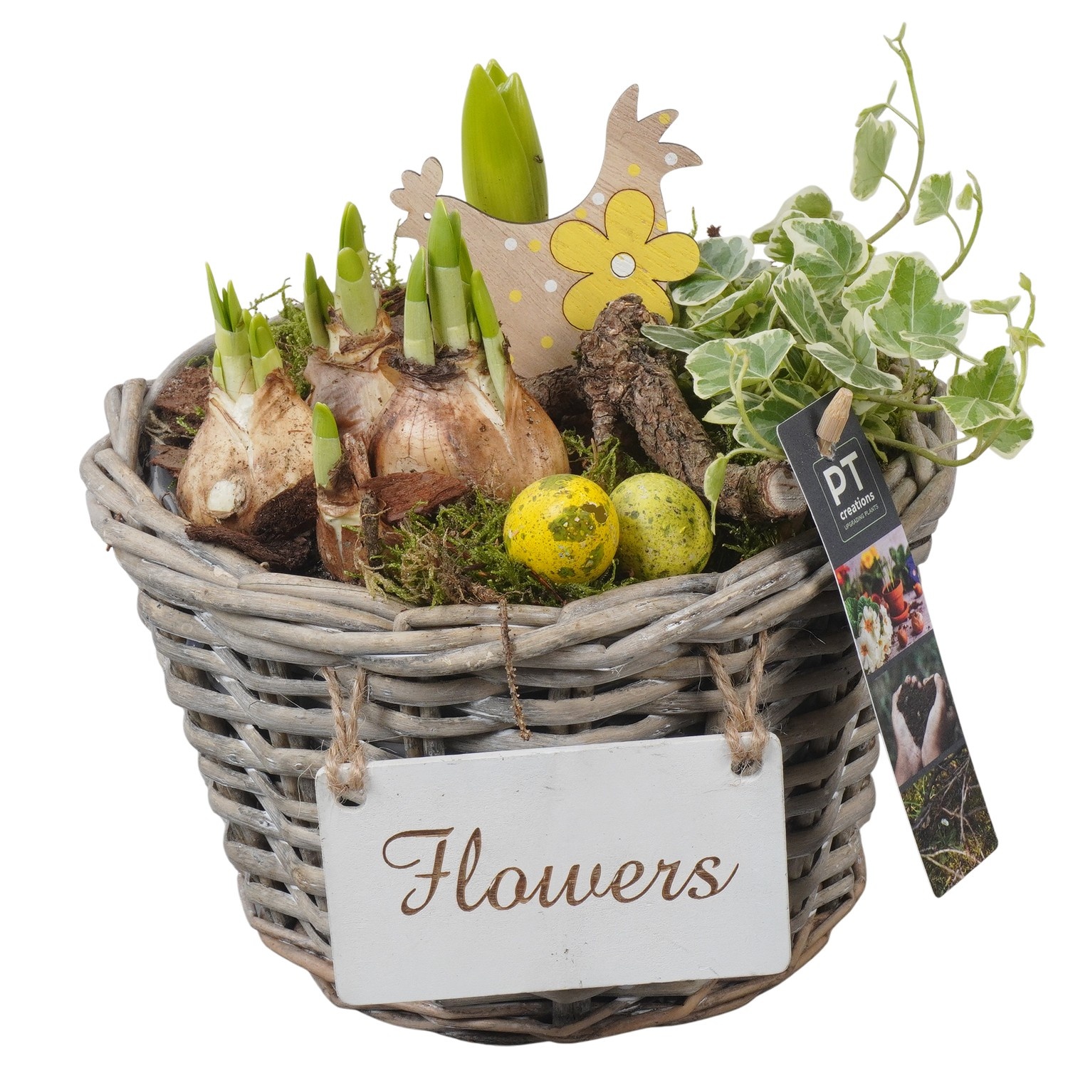 PTBMP5692 Arrangement Easter Bulbs Mix in rieten mand, D 20