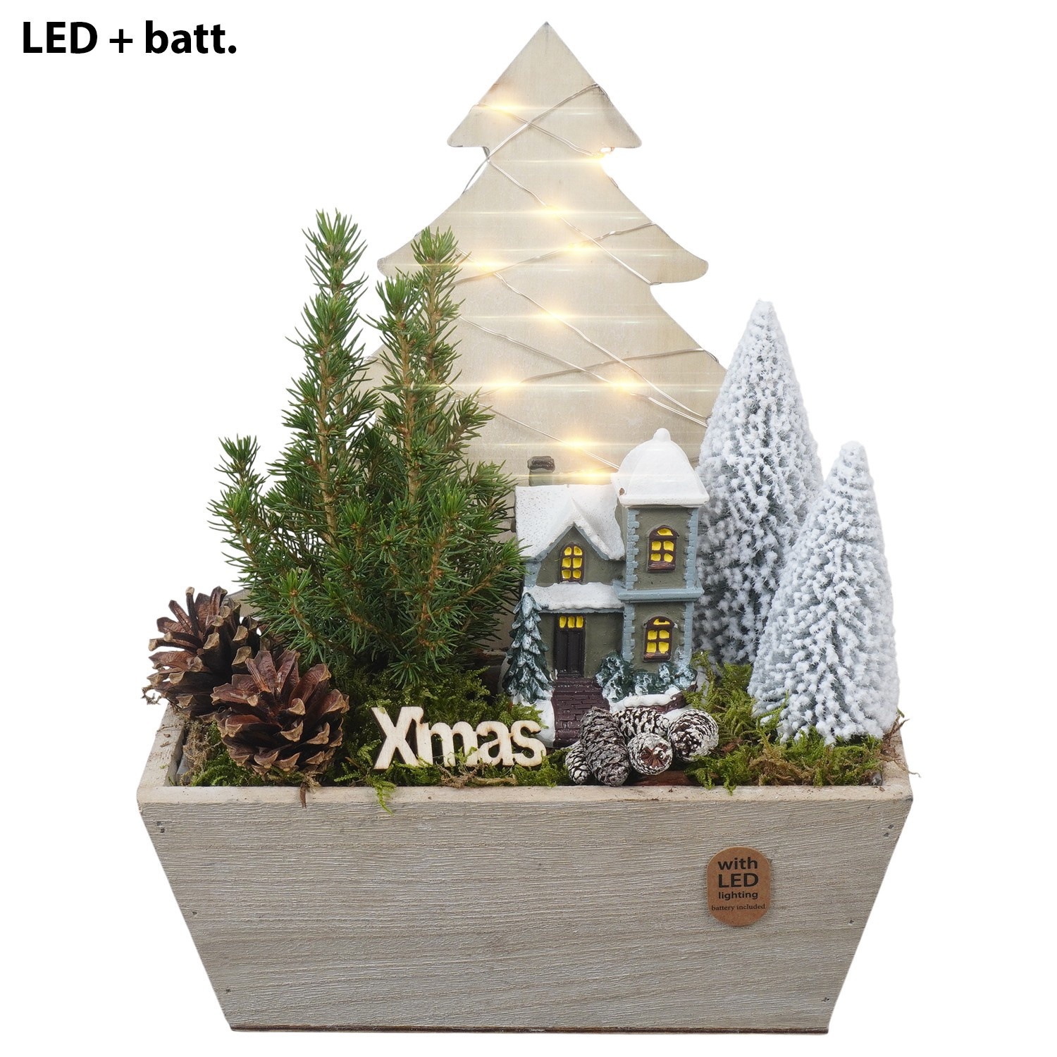 PTCWW7761 Arrangement Winter in houten bak met led, D 23