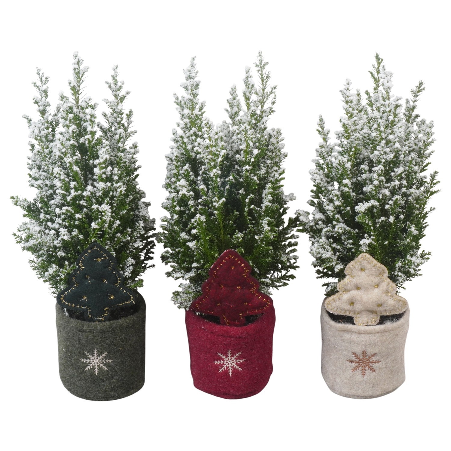 PTK26750 Ellwoodii met sneeuw in stoffen potcover mix met decoratie, D 9