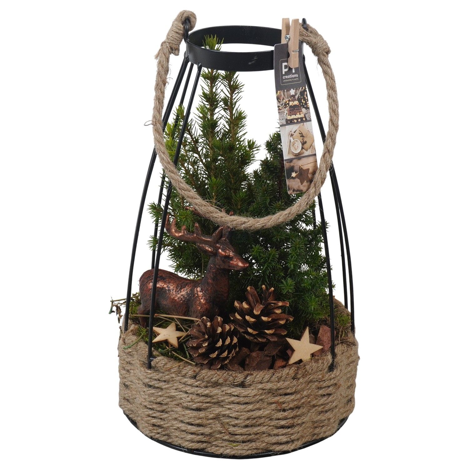 PTCWW6898 Arrangement Winter in touw mand met metaal, D 19 cm