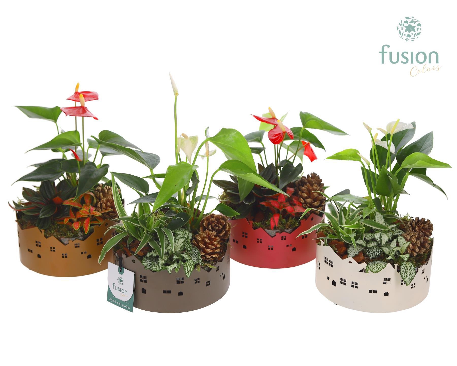 Zinken schaal Huisjes Small met Kerst arrangement, D 15 cm