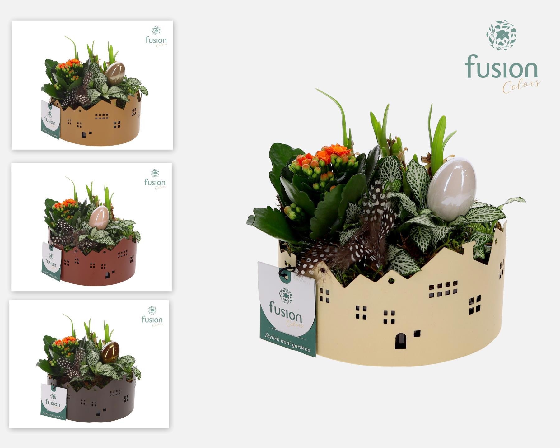 Zinken schaal Huisjes Small Pasen arrangement, D 15 cm