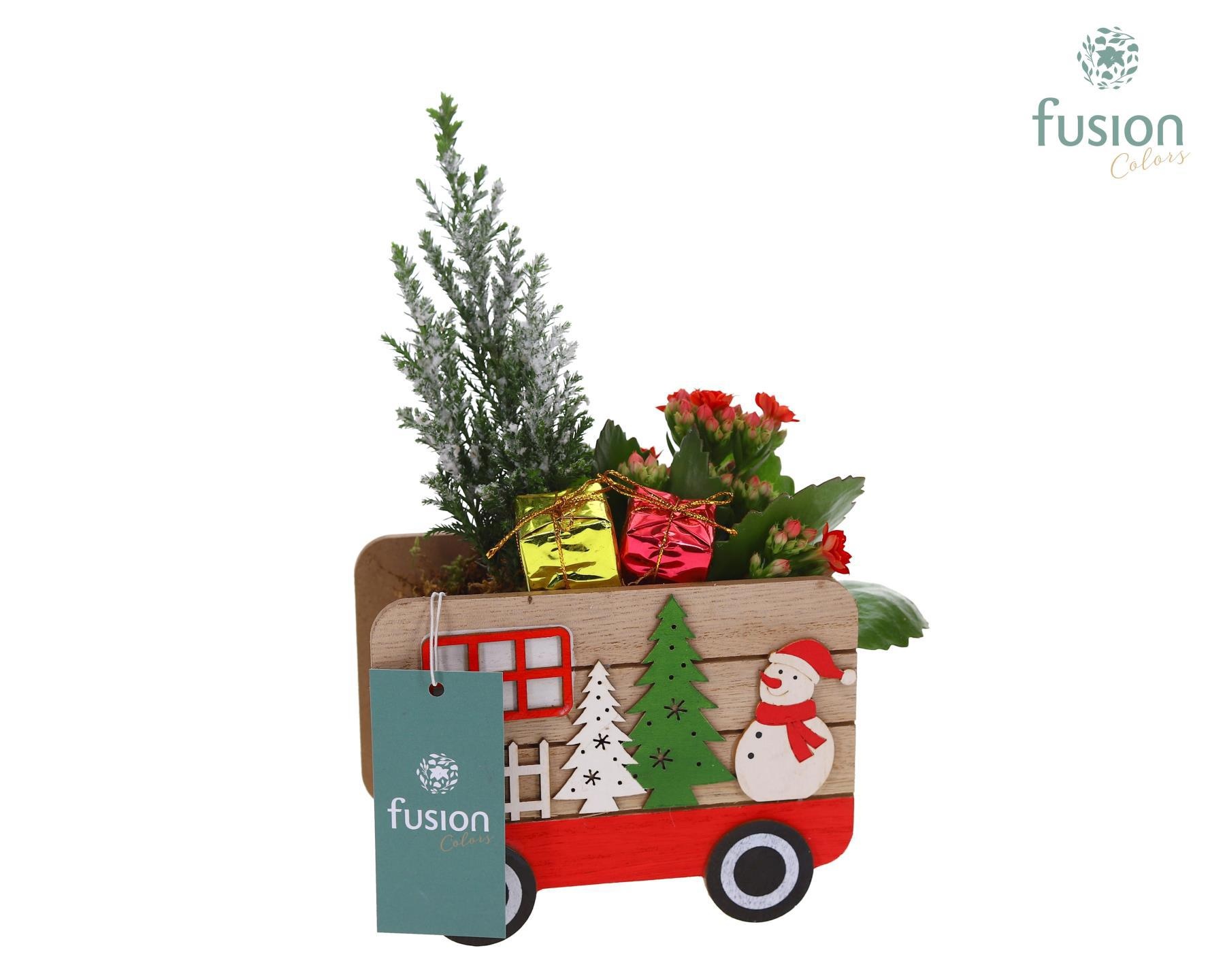 Kerst hout Autobus met Arrangement, D 15