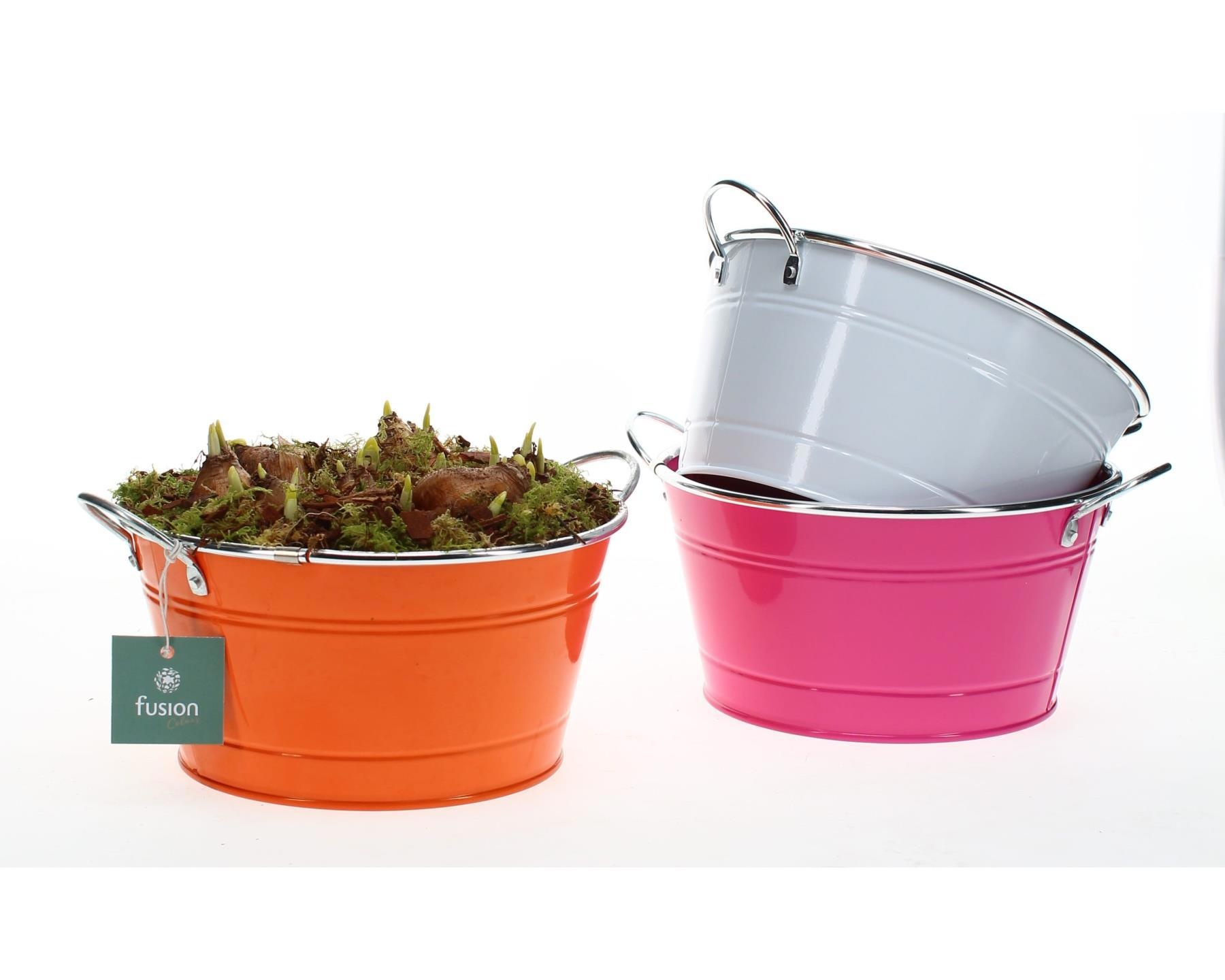 Zinken schaal rond div. kleuren met narcissen, D 20 cm