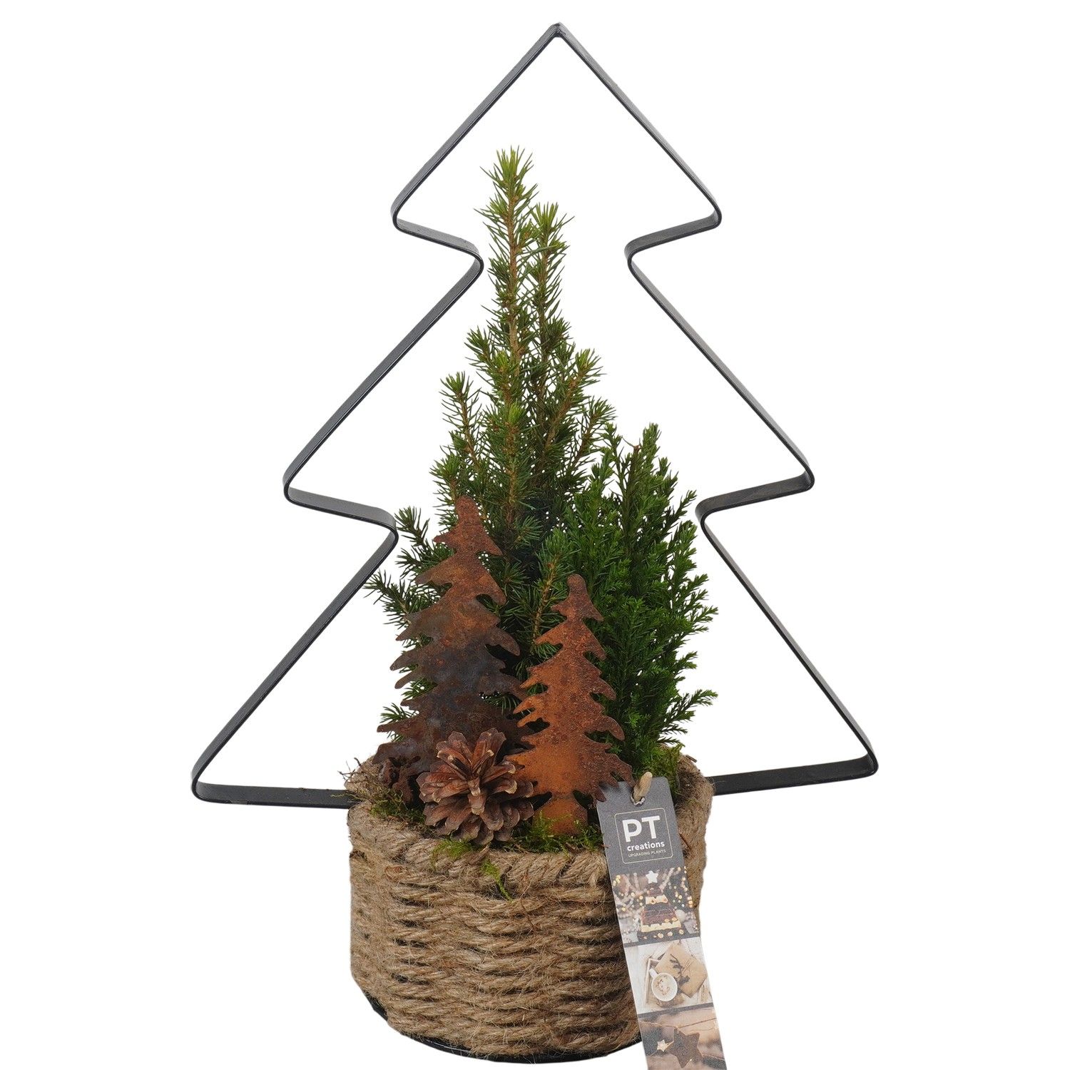 PTCWW6899 Arrangement Winter in touw mand met metaal, D 14 cm