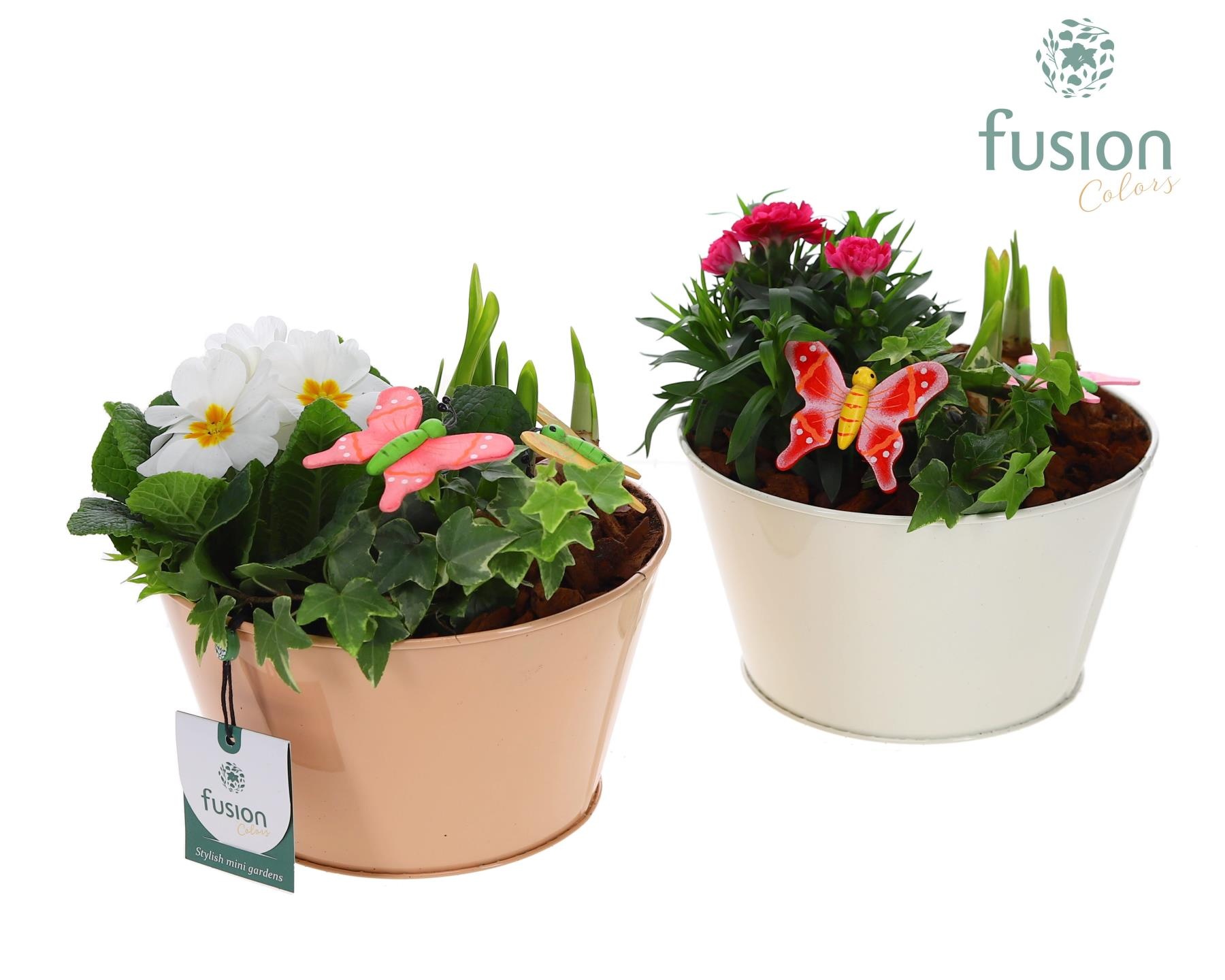 Zink schaal voorjaar div.kleuren met arrangement, D 18 cm