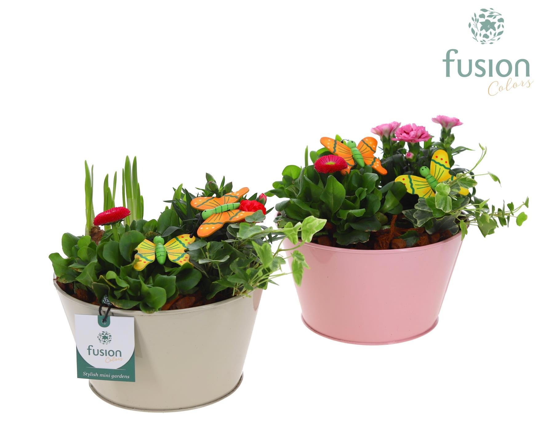 Zinken schaal met div. kleuren met arrangement voorjaar, D 18 cm