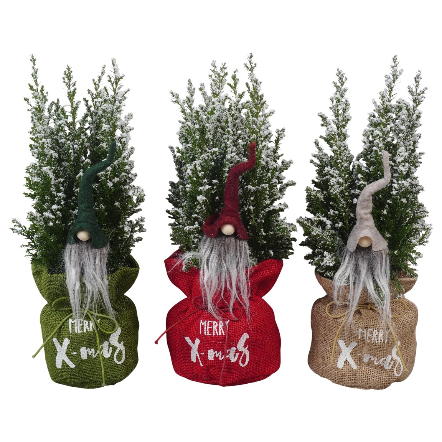 PTK26738 Ellwoodii met sneeuw in jute mix met decoratie, D 10